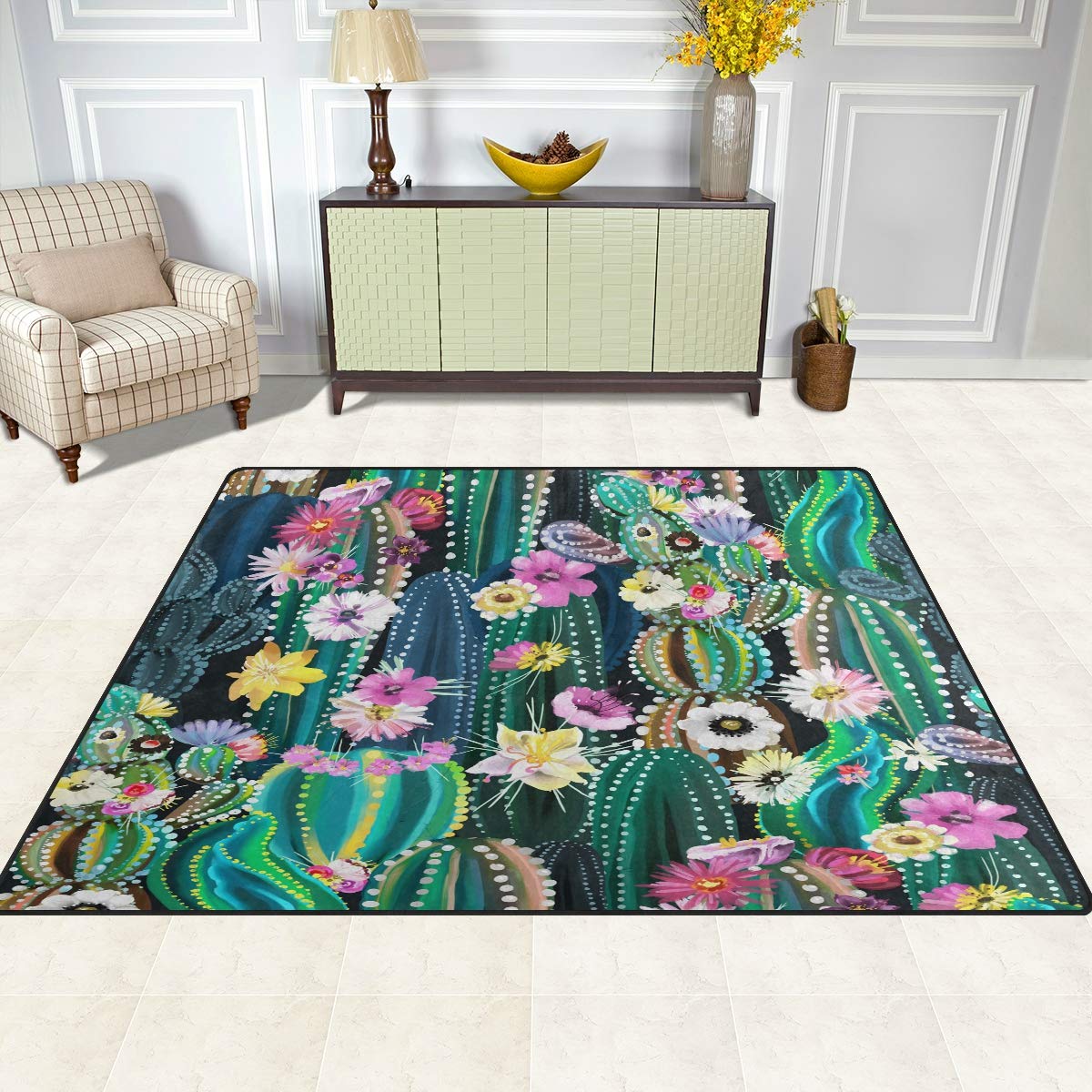 ALAZA Blooming Cactus Cacti Succulents Indoor Modern Door Mat 4' x 5', Dining Room Home Bedroom Carpet Floor Mat Nursery Mat Room Mat