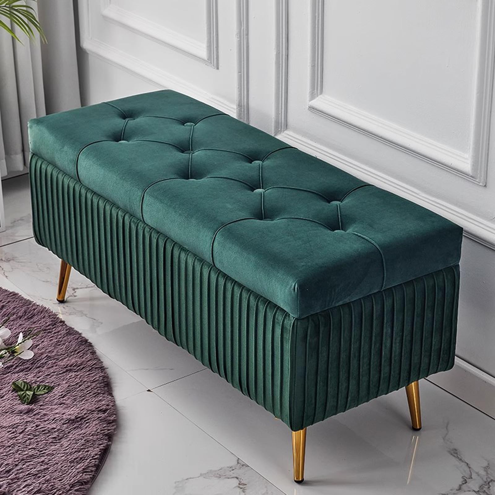 Coffre de rangement intérieur en velours et banc bout de lit capitonné