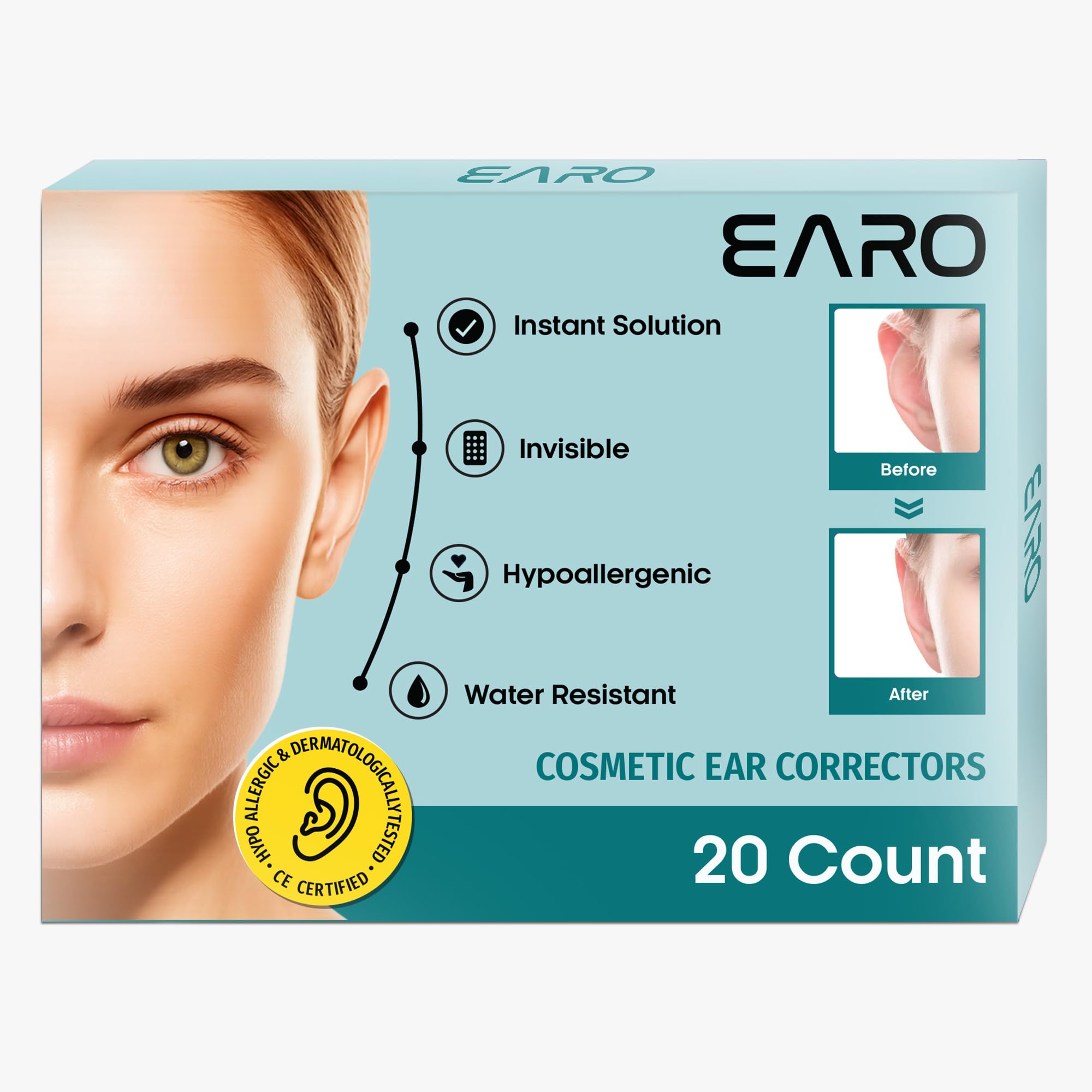 Earo Cosmetic Ear Corrector – Stronger Ear Tape Patches to Hold Back Protruding Ears Without Surgery – Discreet Ear Stickers for Big Ears - Ear Pinning Tape without Surgery – 20-Pack – Clear, One Size