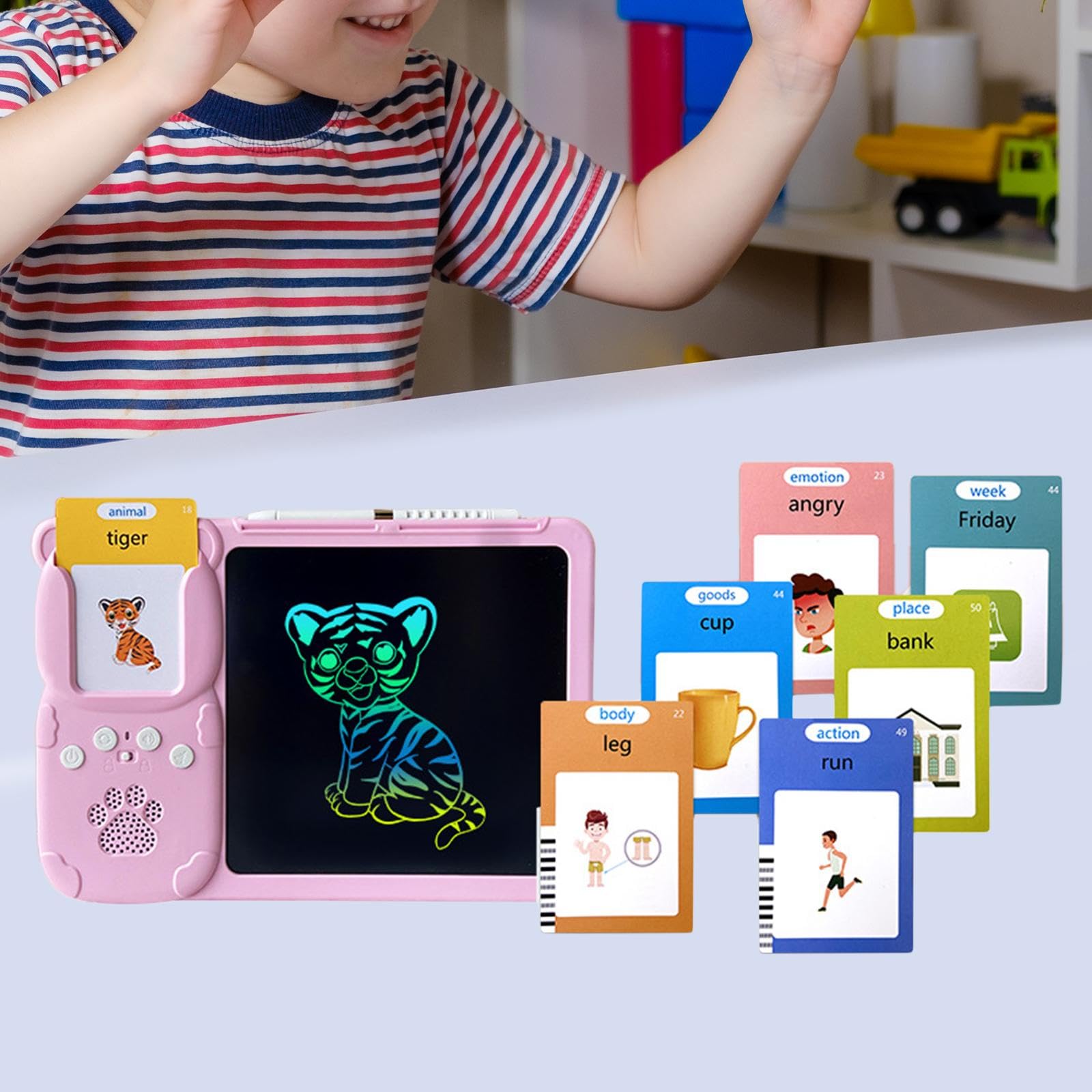 Qianly Tablet Interattivo per L'apprendimento Dei Bambini con Riconoscimento Vocale E Tavoletta Grafica, Rosa con 255 carte, Taglia unica