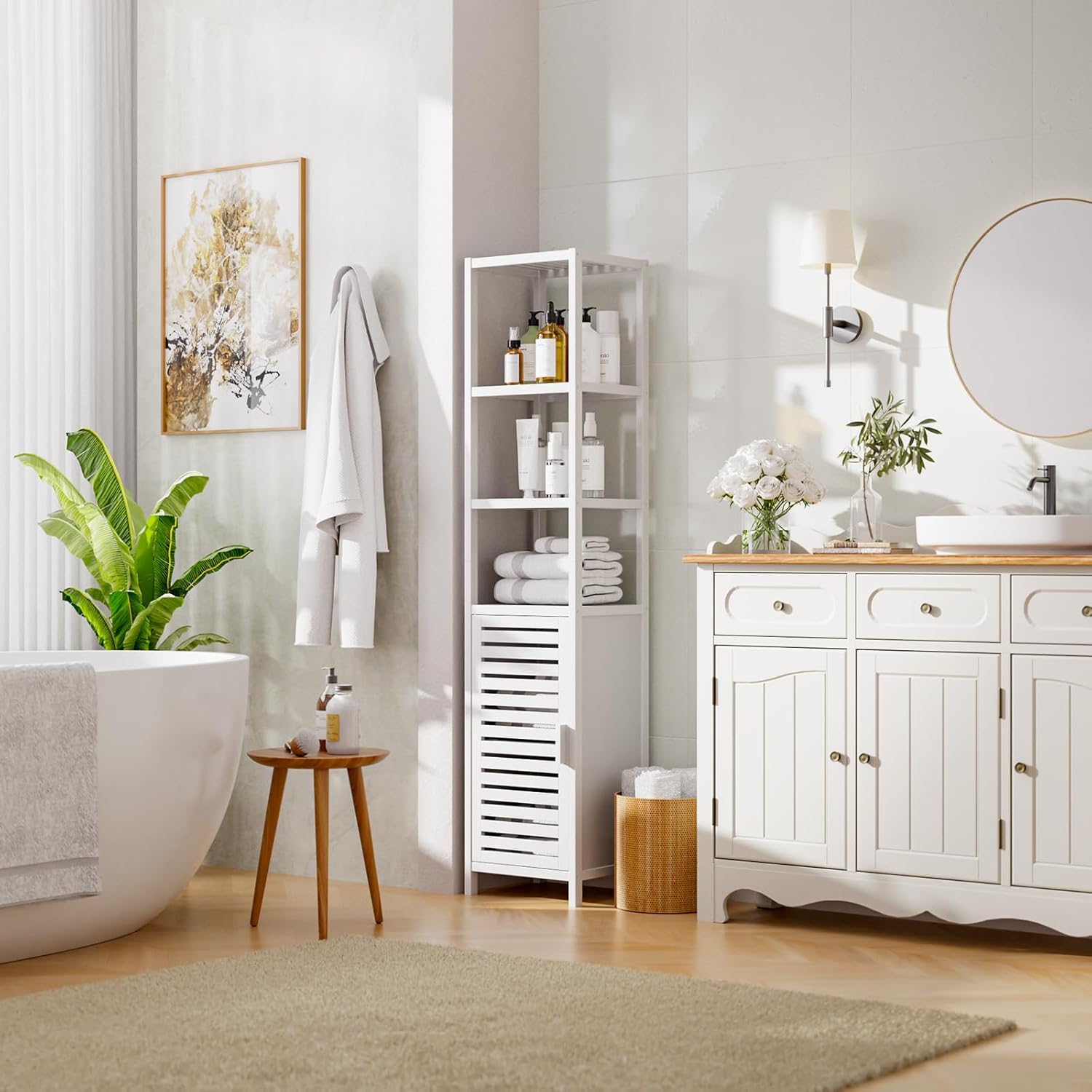 HITNET Bathroom Tall Cabinet, Floor Standing Bamboo Storage Cabinet with 6 Shelves and Shutter Door for Kitchen Living Room, White