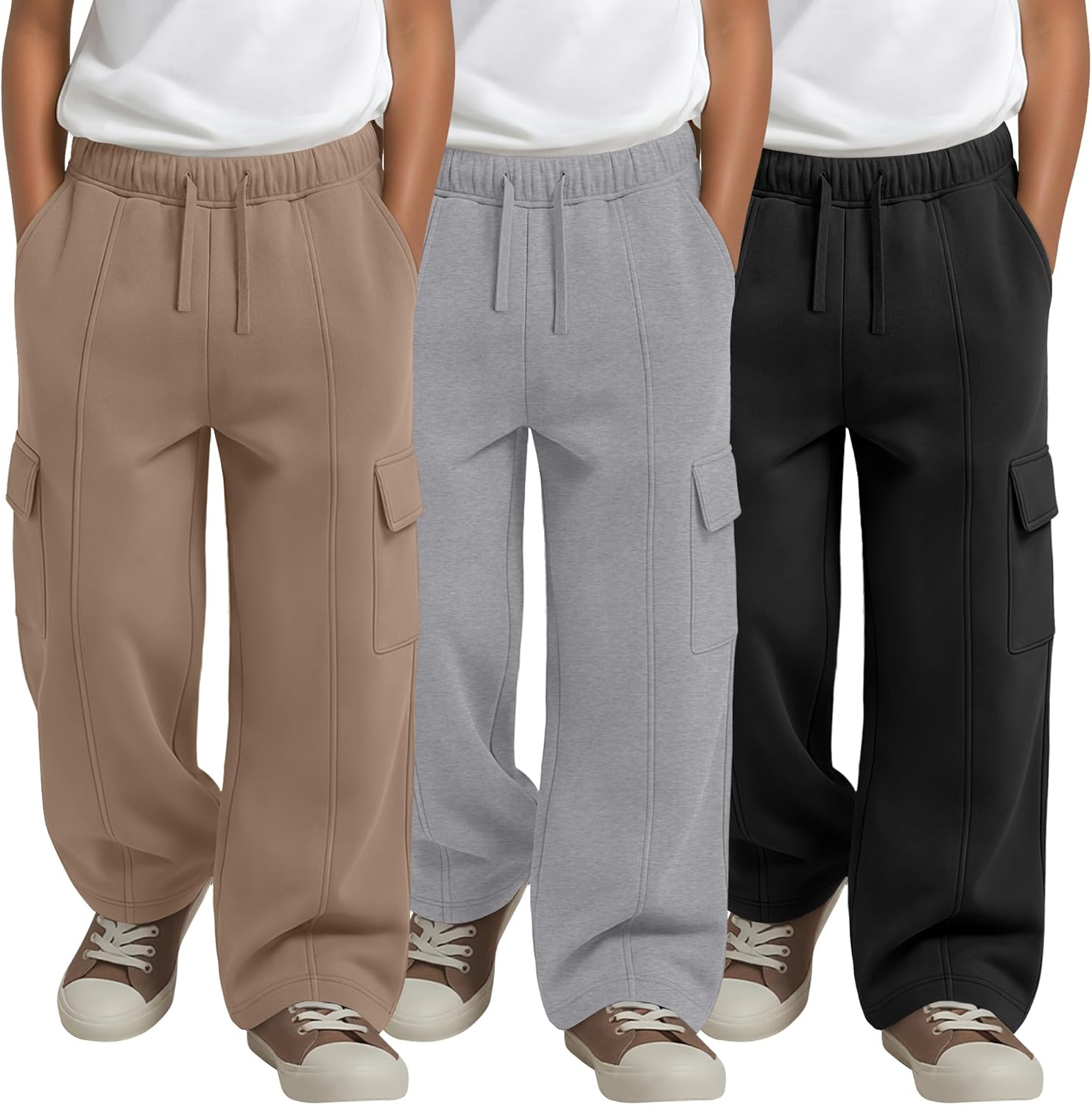 3 Pack Boys Cargo Sweatpants Straight Leg Open Bottom Pants Kids Drawstring Loose Athletic Pants with Pockets