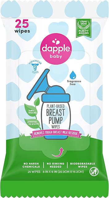 Breast Pump Wipes by Dapple Baby, 25 Count, Fragrance Free, Plant Based & Hypoallergenic Breast Pump Wipes - Removes Milk Residue, Leaves No Taste - Convenient Wipes Pouch