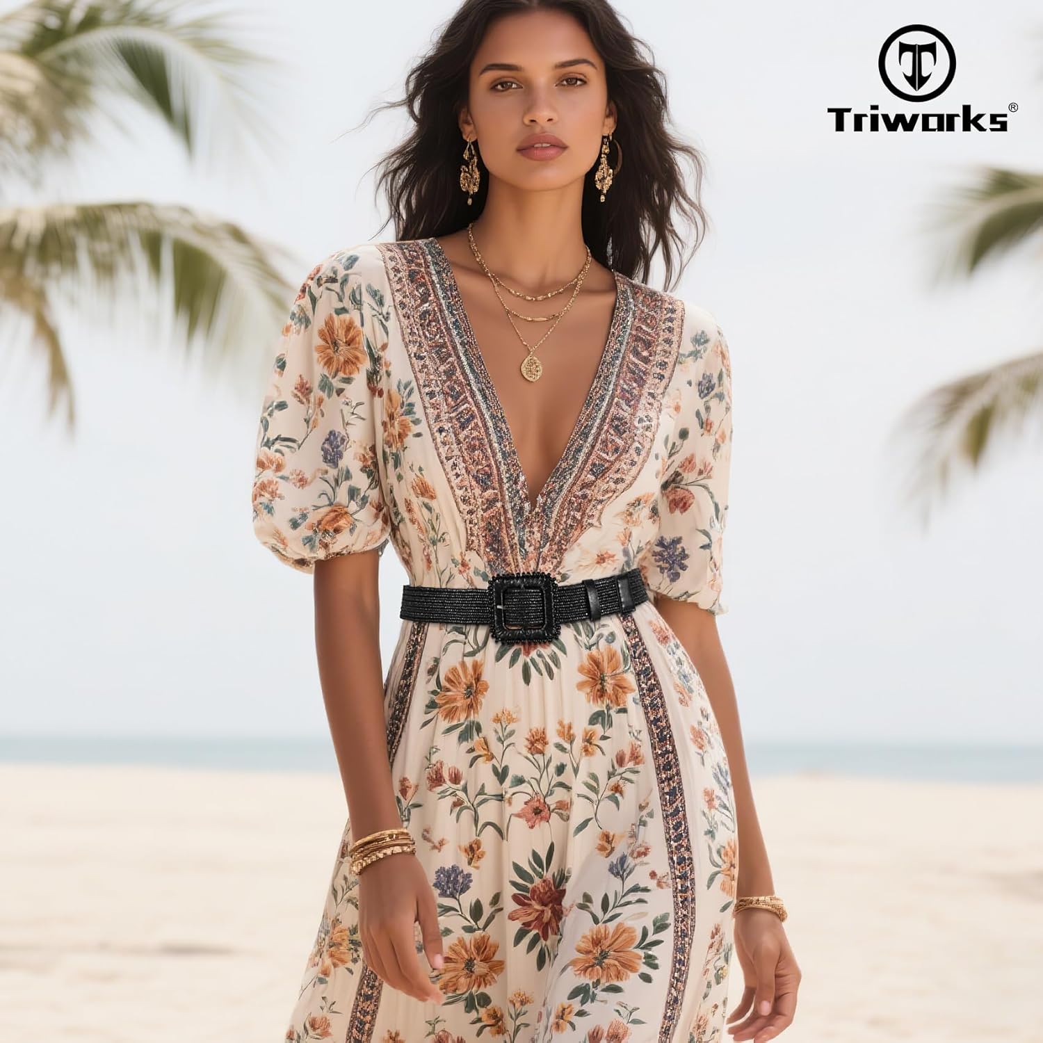 TRIWORKS 3 Pack Straw Woven Stretch Belt for Women,Raffia Elastic Belt for Dress Wide Boho Waist Belt with Square Buckle - Image 6