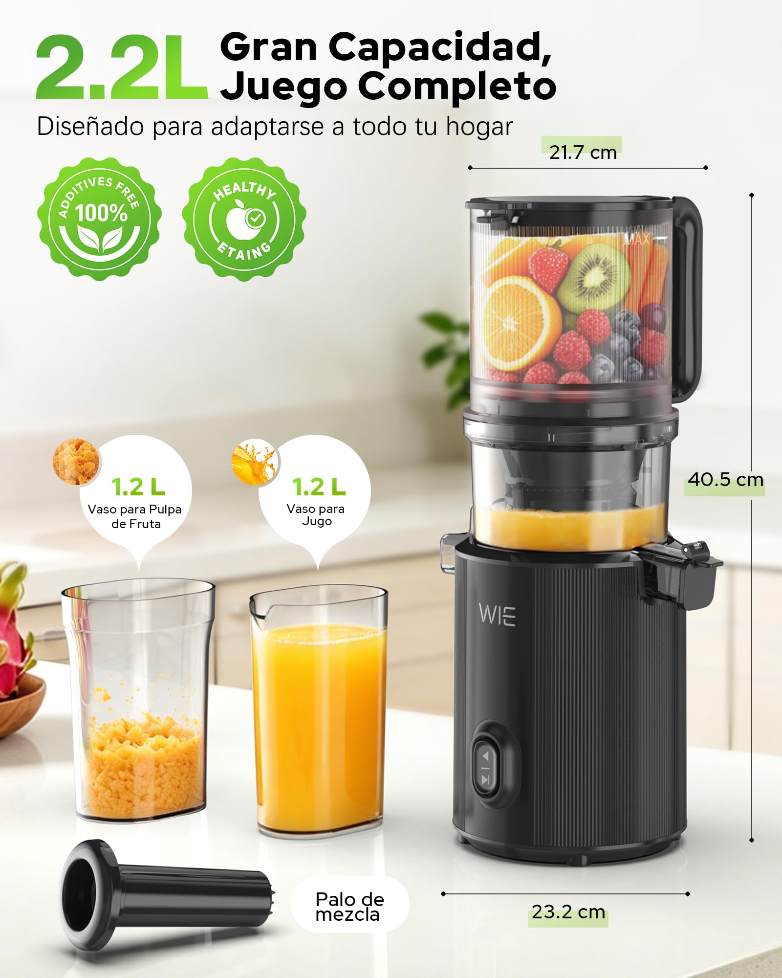 WIE Extractor de Zumos y Verduras, 300W Licuadora Prensado en Frío | Slow Juicer Machine con Boca XL 135mm, Capacidad 2,2 L para Frutas y Verduras Enteras, Fácil Montaje y Limpieza, Sin BPA