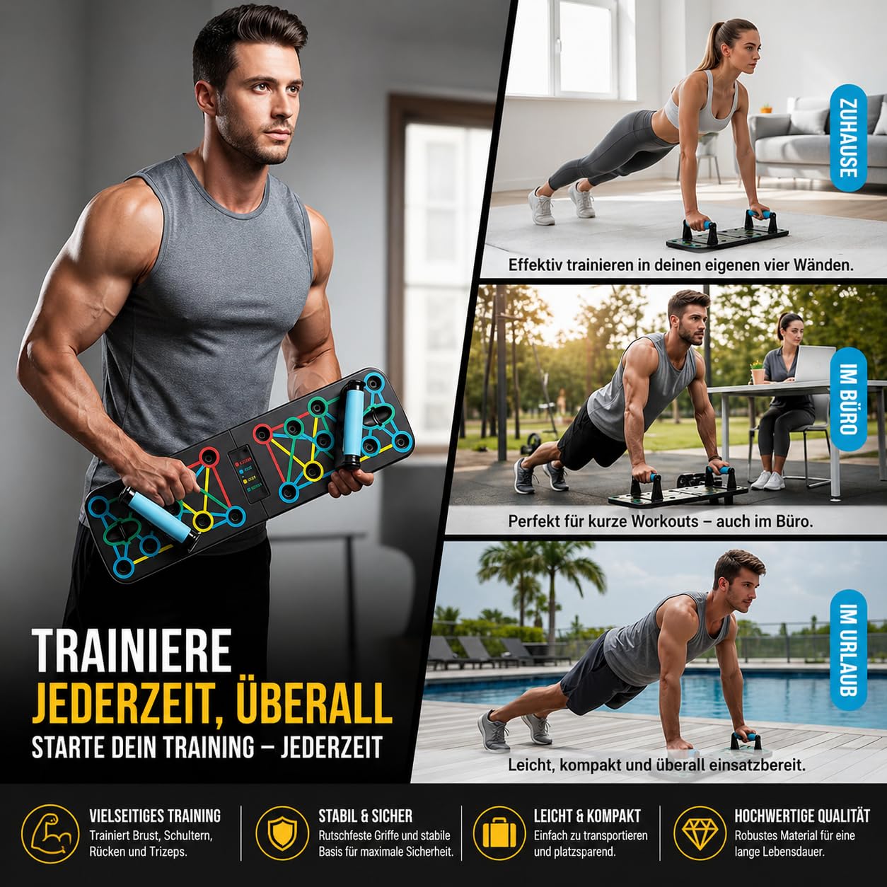 FUNFLEX Liegestützbrett 17-in-1 Push-Up Board – Faltbares Trainingsboard mit Griffen & Widerstandsbändern – Ergonomisch & Gelenkschonend – Für Home-Workout, Krafttraining & Calisthenics