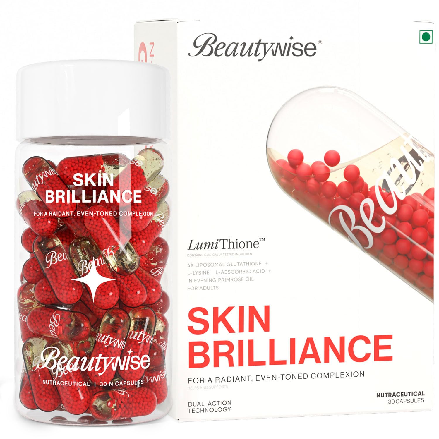 Beautywise Dual Action Skin Brilliance 4X Liposomal Glutathione With Nac|Dual Action 30 Capsules|L-Lysine,Grape Seed & Vitamin C |For Skin Brightening & Glow|(Pack of 1)