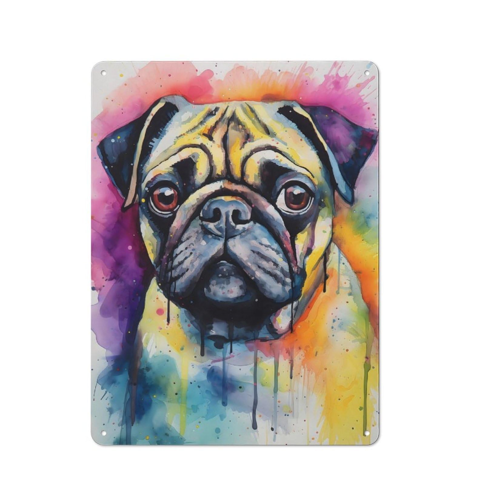 Junmoney Pug Dog Watercolor Modern Retro Metal Wall Art Sign 40X30cm, Studio Wall Art For Modern Home, Workshop, Office Or Cafe