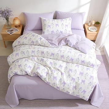 Twin Duvet Cover 100% Cotton Purple Bow Bedding Set for Girls Kids
