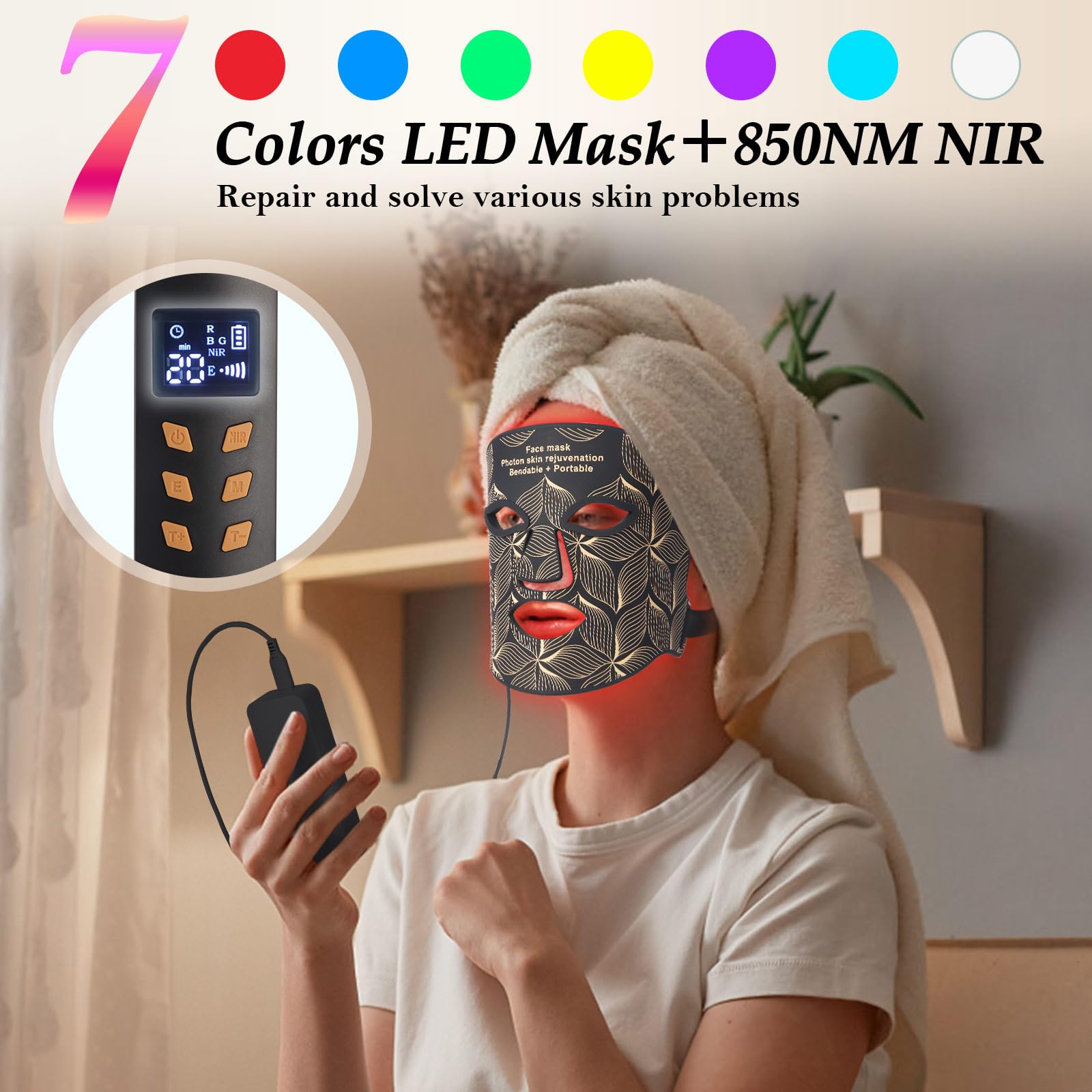 Thérapie par la lumière rouge pour le visage, masque facial LED 7 couleurs, proche infrarouge, 850 nm, appareil portable et rechargeable pour soins de la peau à la maison et en voyage