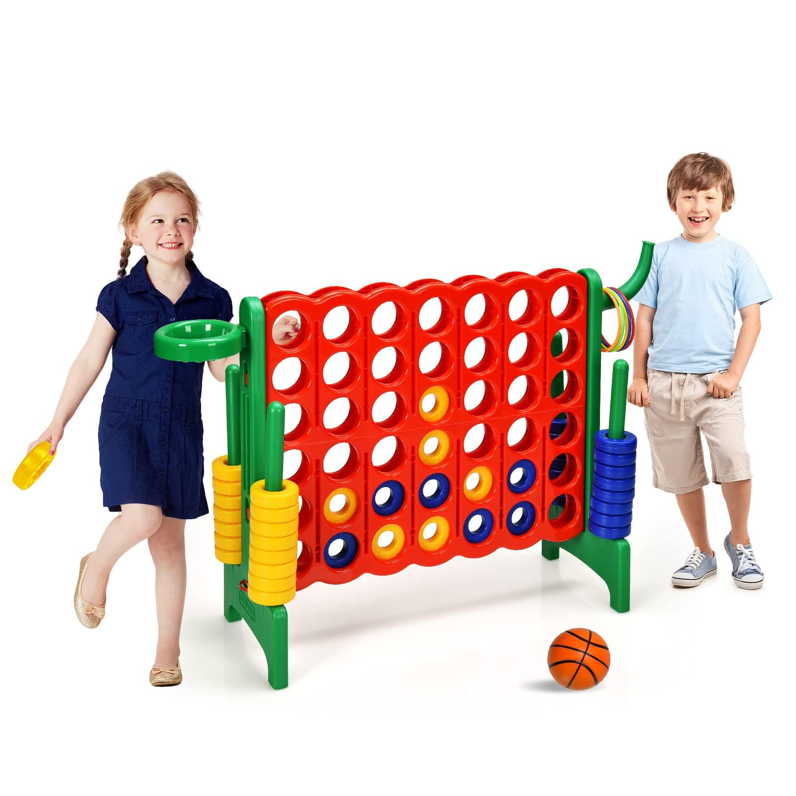 RELAX4LIFE Juego de 4 en Raya para Niños y Adultos, para Exteriores e Interiores, 4 en Raya Gigante, Regalo para niños (84x33x74cm, con Canasta, Pelota, 5 Anillos -C)
