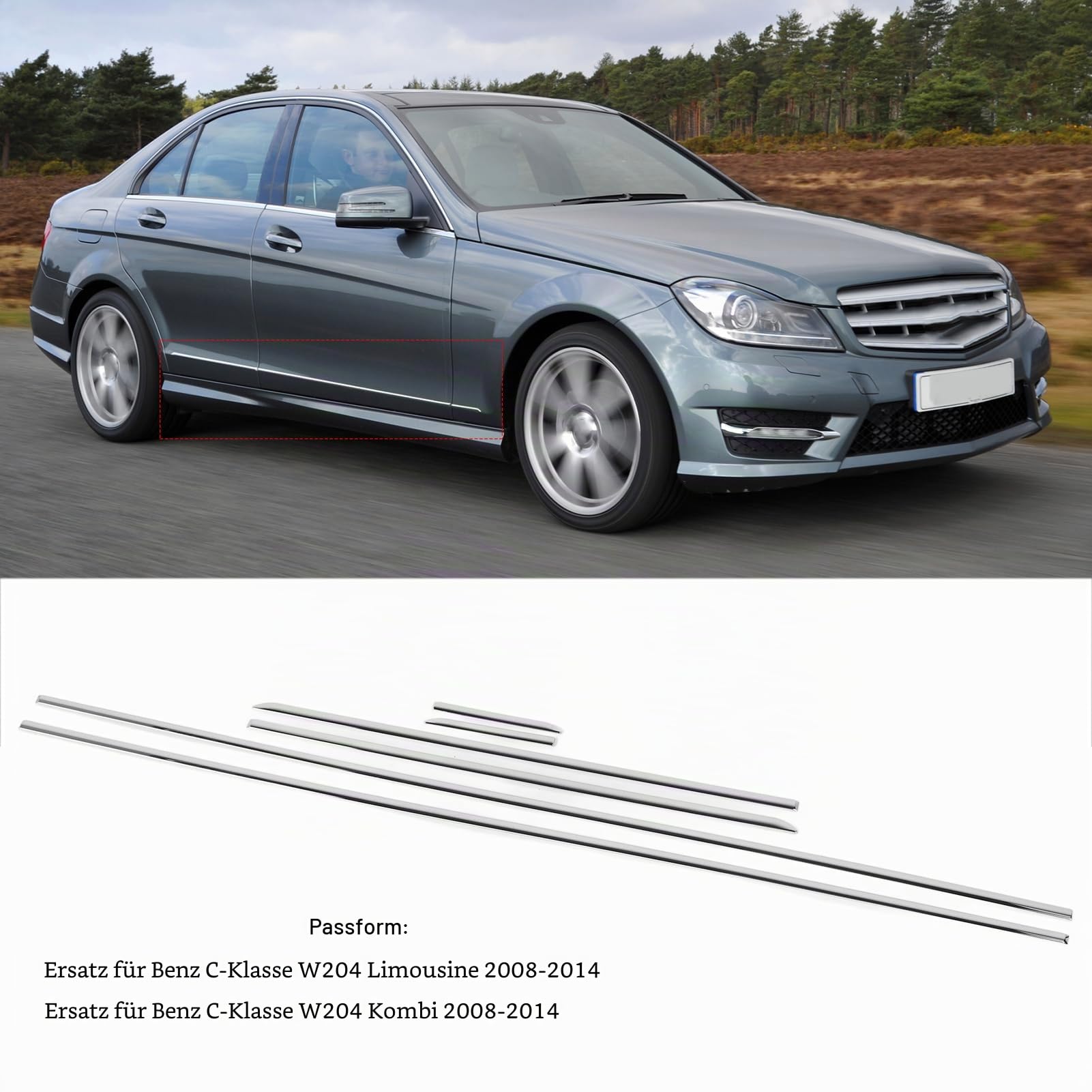Karosserie-Seitentür-Zierleisten-Set 6-teiliges Chrom-Karosserie-Seitenkotflügel-Türzierleisten-Set 204 690 3162 Ersatz für C-Klasse W204 Limousine 2008 Bis 2014