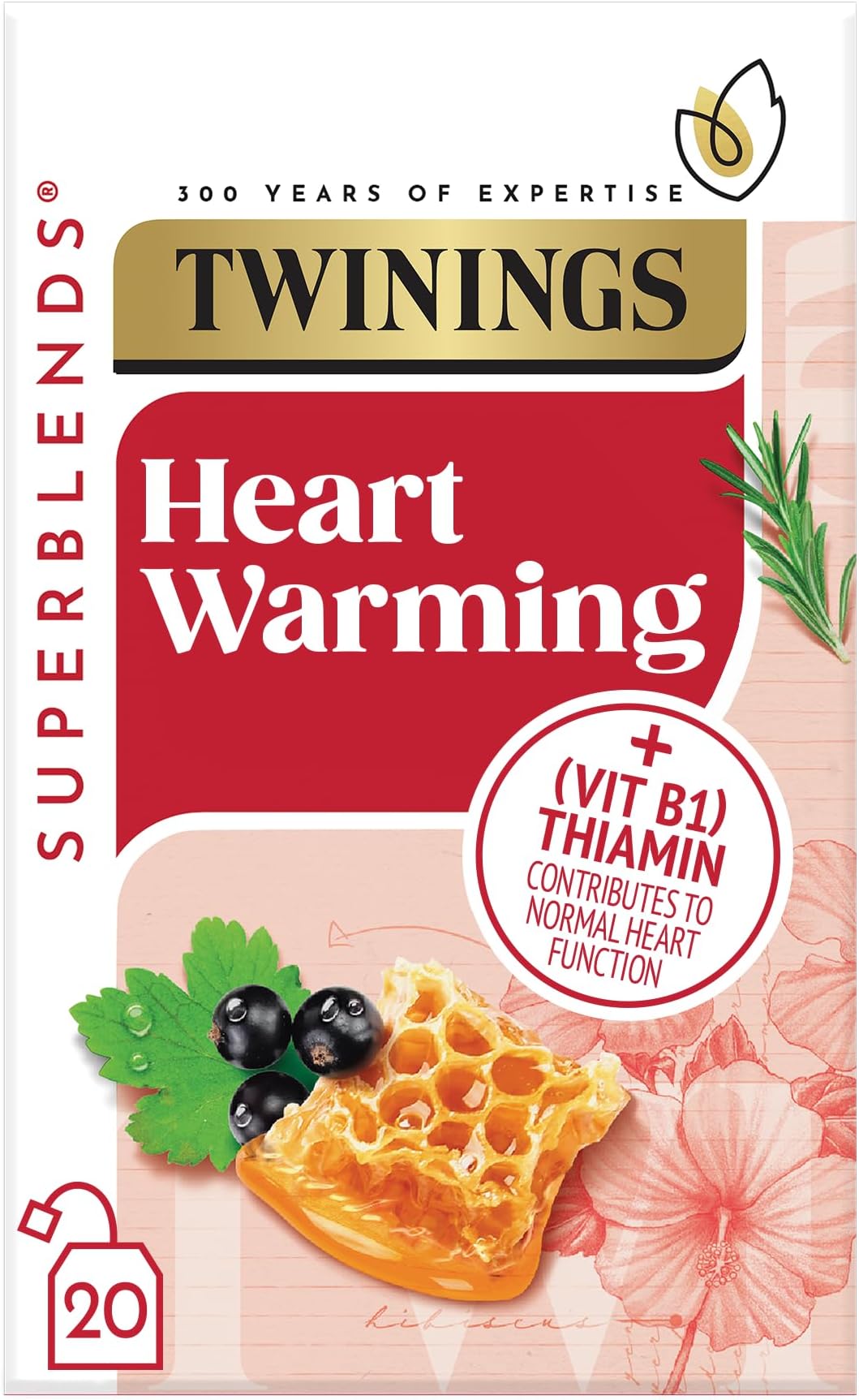 Superblends Heartea Tea - Blackcurrant & Rosemary Herbal Tea Infusion with Honey, Hibiscus & Vitamin B1 (Thiamin) - 20 x Biodegradable Tea Bags