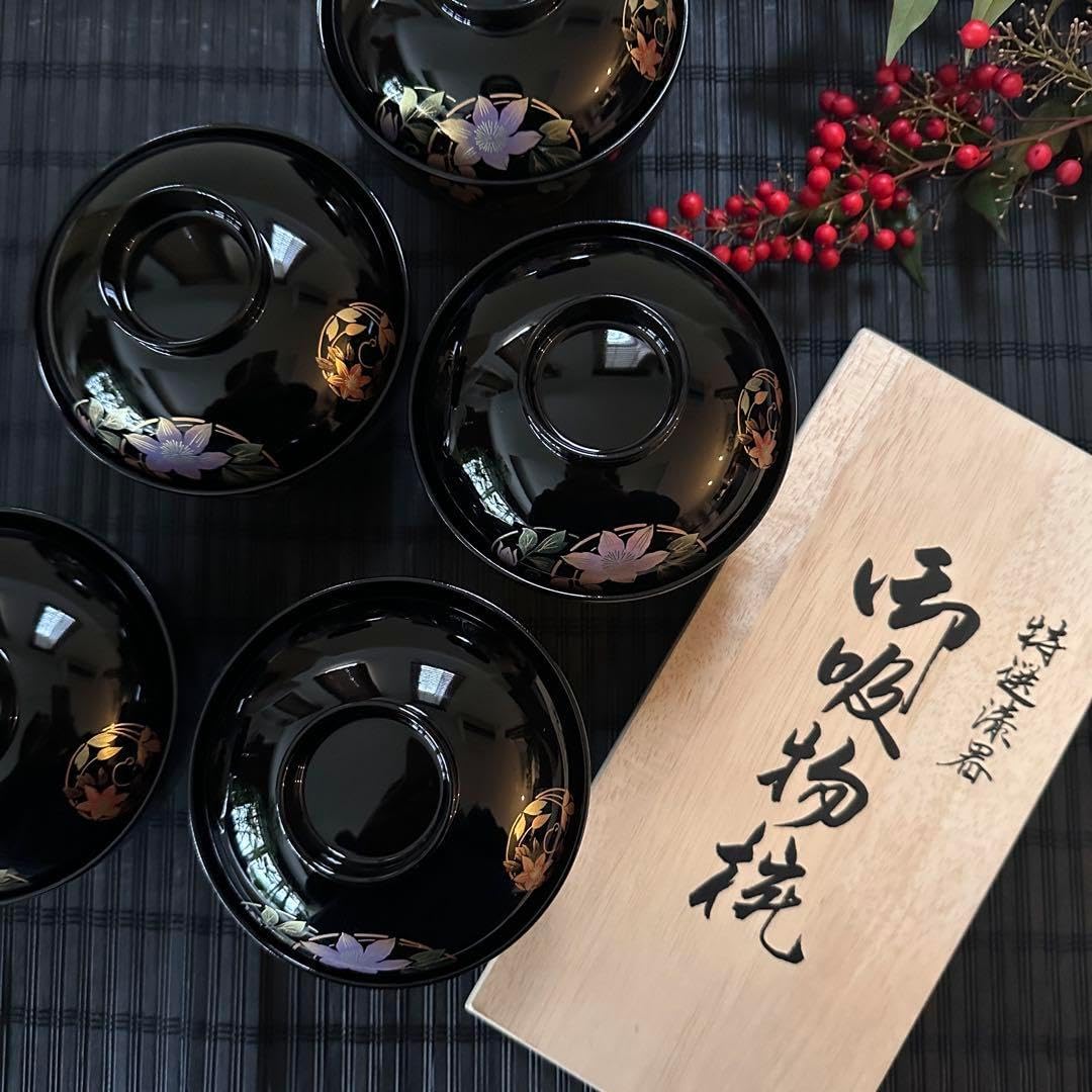 会津塗り 御椀揃 御殿吸椀 辰三作 黒 鉄仙花 5客