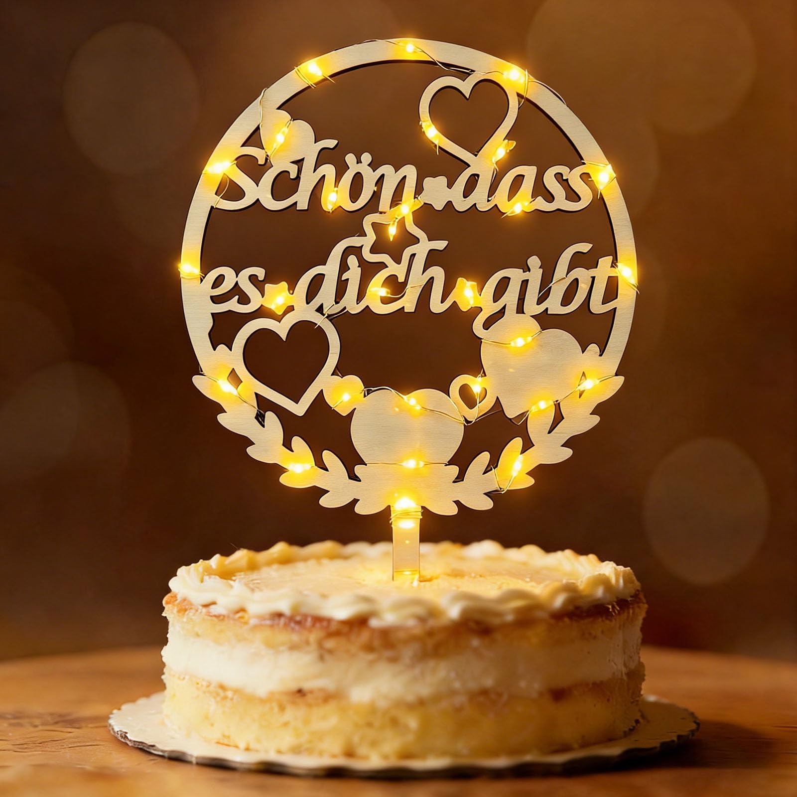 Cake Topper Schön dass es Dich Gibt, Seutgjie Tortendeko Holz für Frauen Freundin Geburtstag Jahrstag mit LED Lichterkette Kuchen Deko