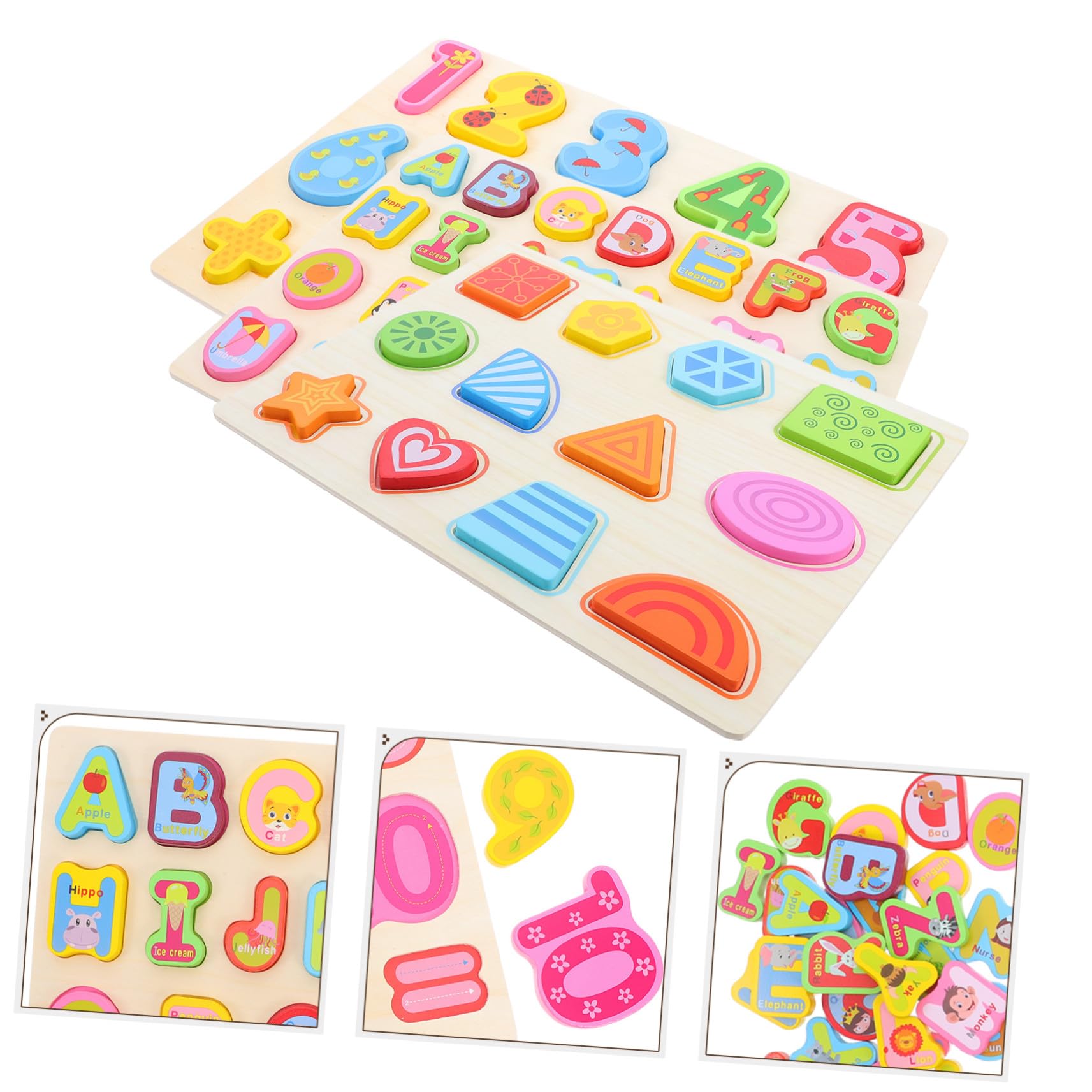 Puzzle in Legno 3 Pezzi per Bambini, Alfabeto Numeri Forme