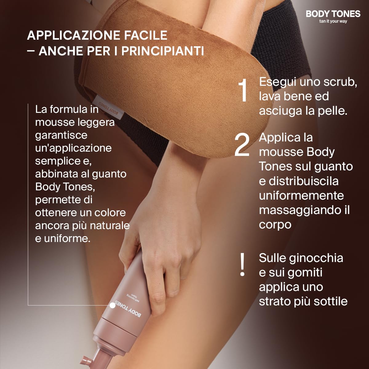 BODY TONES Schiuma Autoabbronzante Set 155 ml con Guanto – Autoabbronzante Corpo, Self Tan Naturale, Mousse Idratante
