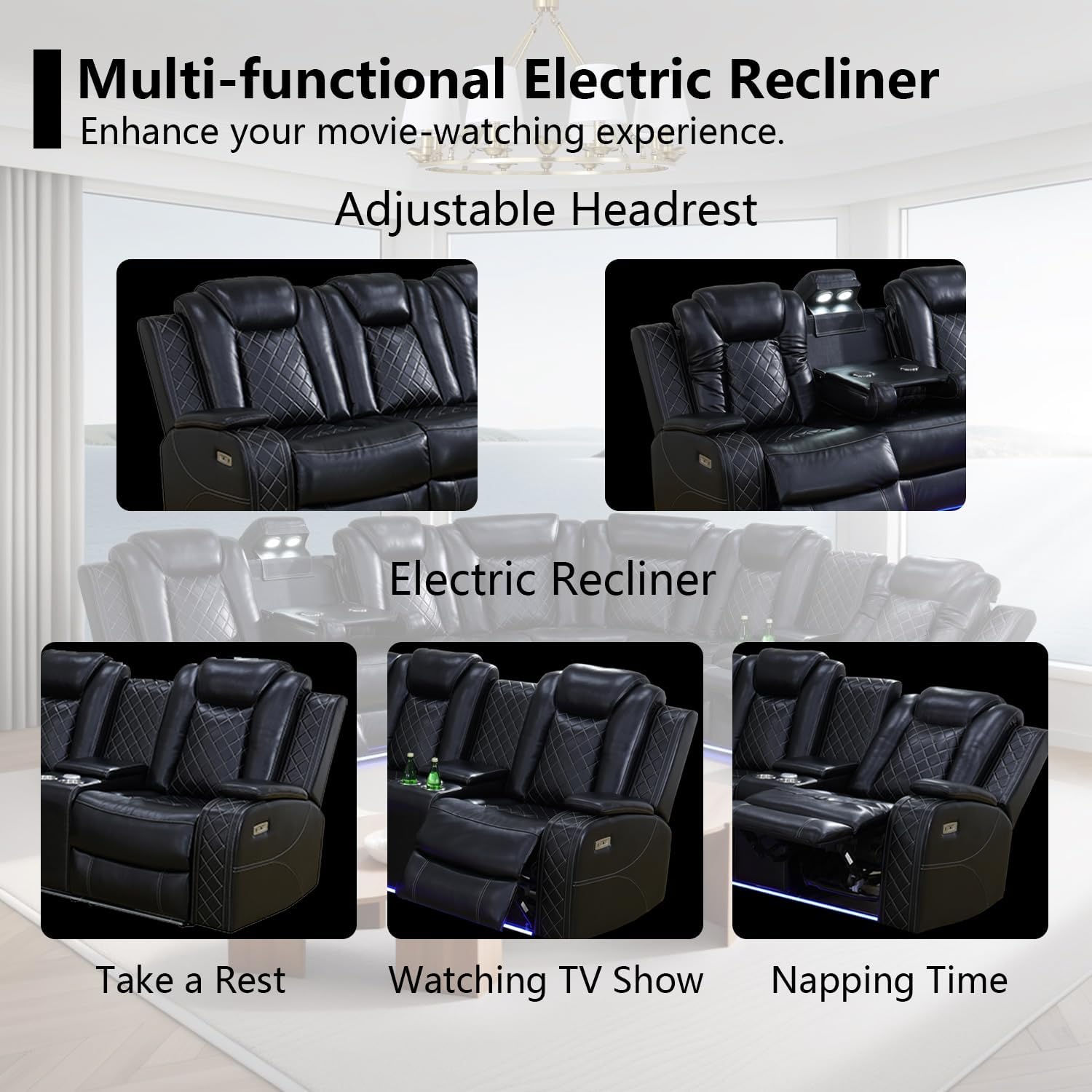 Black Leather Power Reclining Sectional Sofa，Sectional Couch with Recliner Living Room Set with LED Light/Read Light/Storage Console/Home Theater Seat