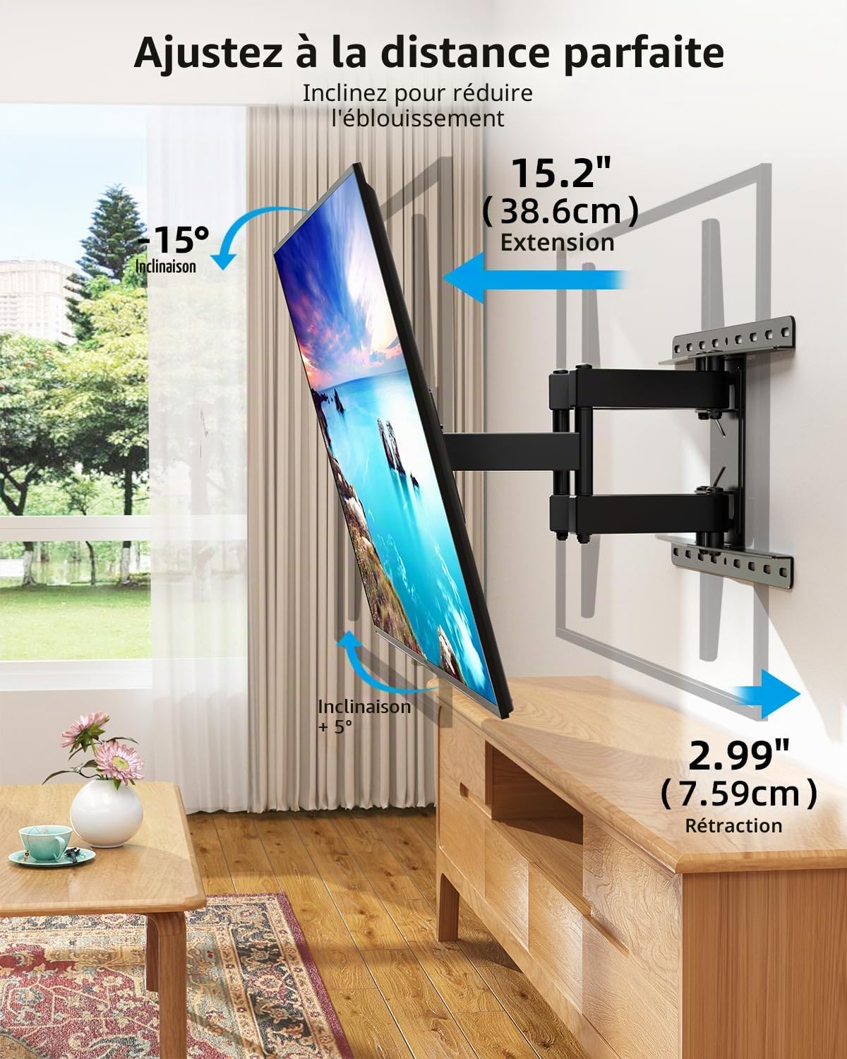 Home Vision HV6601 Support Mural pivotant pour téléviseurs de 32 à 75", VESA Max 600 x 400 mm, capacité de Charge de 60 kg, Support TV à Mouvement Complet avec Pivot de ±60°, Inclinaison 5°/-15°,