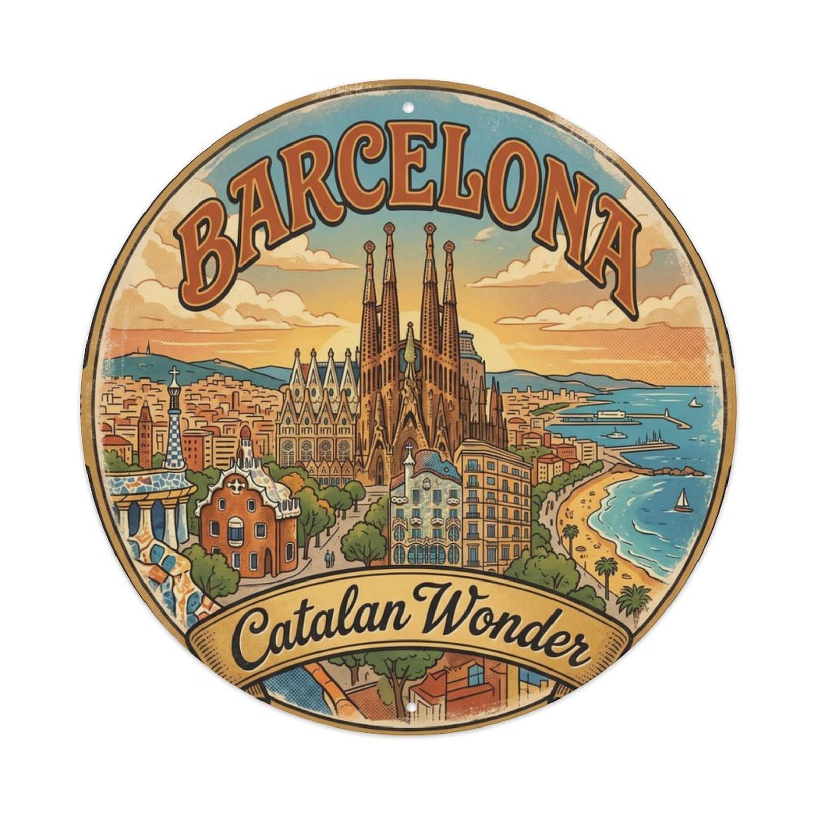 Vintage Travel Barcelona Sagrada Familia Metal Tin Sign Plaque Wall Decor for Cafe, Club, Garden Round Metal Poster 8x8Inch