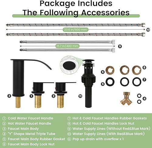 Miniatura 5 de M OUDEMEI Grifo de baño de cascada de 3 agujeros, grifo de lavabo de baño de 8 pulgadas, dos manijas con drenaje desplegable (negro mate)