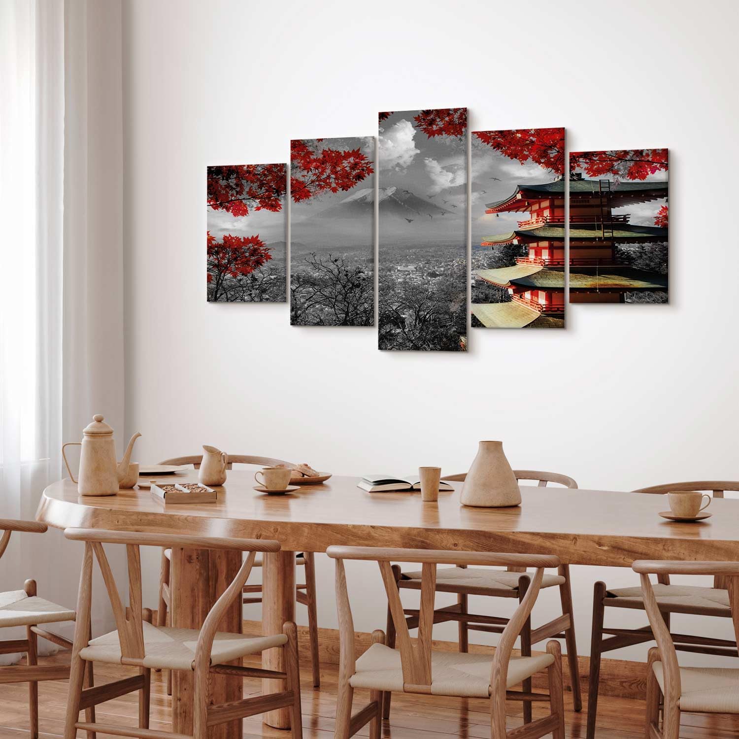 murando Quadro Japan 225x112 cm 5 pezzi Stampa su tela XXL Immagini moderni Murale Fotografia Grafica Decorazione da parete Paesaggio nero bianco rosso c-C-0241-b-m