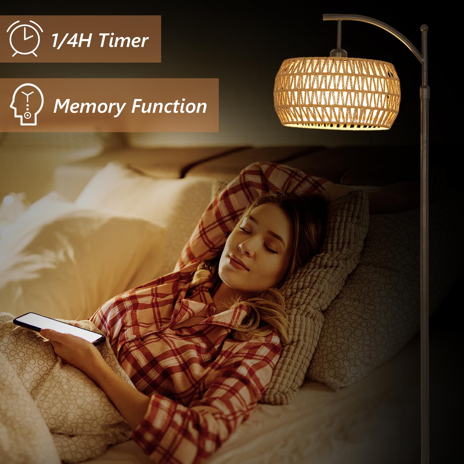 Rayofly Dimmbare Stehlampe Wohnzimmer, Rattan Stehlampe mit Fernbedienung, App-Steuerung, Boho Stehleuchte mit Rattan & Leinen Lampenschirm, Vintage Standleuchte für Schlafzimmer