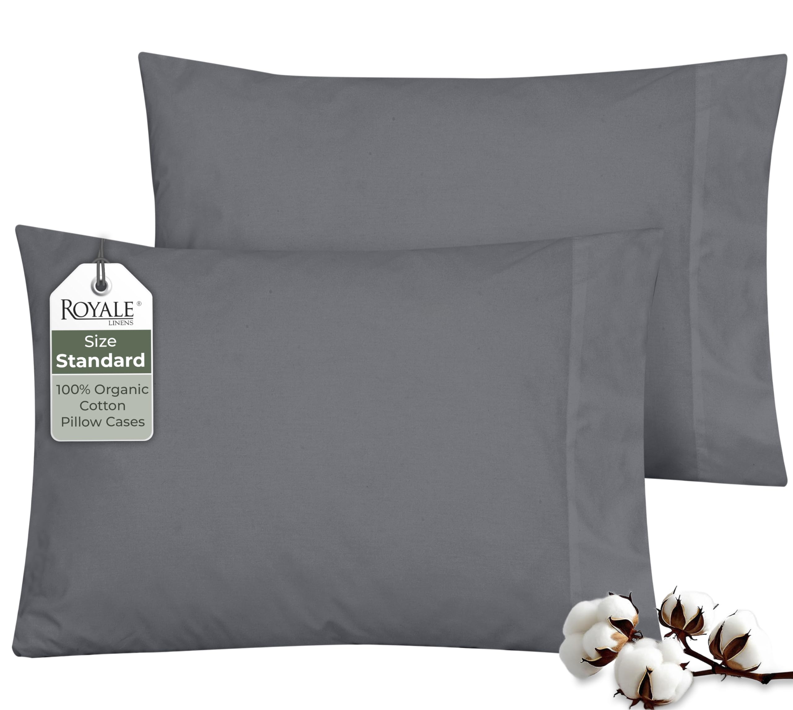 ROYALE LINENS 100% Organic Cotton Percale Pillowcases Set of 2 - Standard Size Percale Pillowcase - Std Set of 2 Pillow Cover - Breathable, Cool &amp; Crisp Grey Pillow Cases (20"x26", Grey)