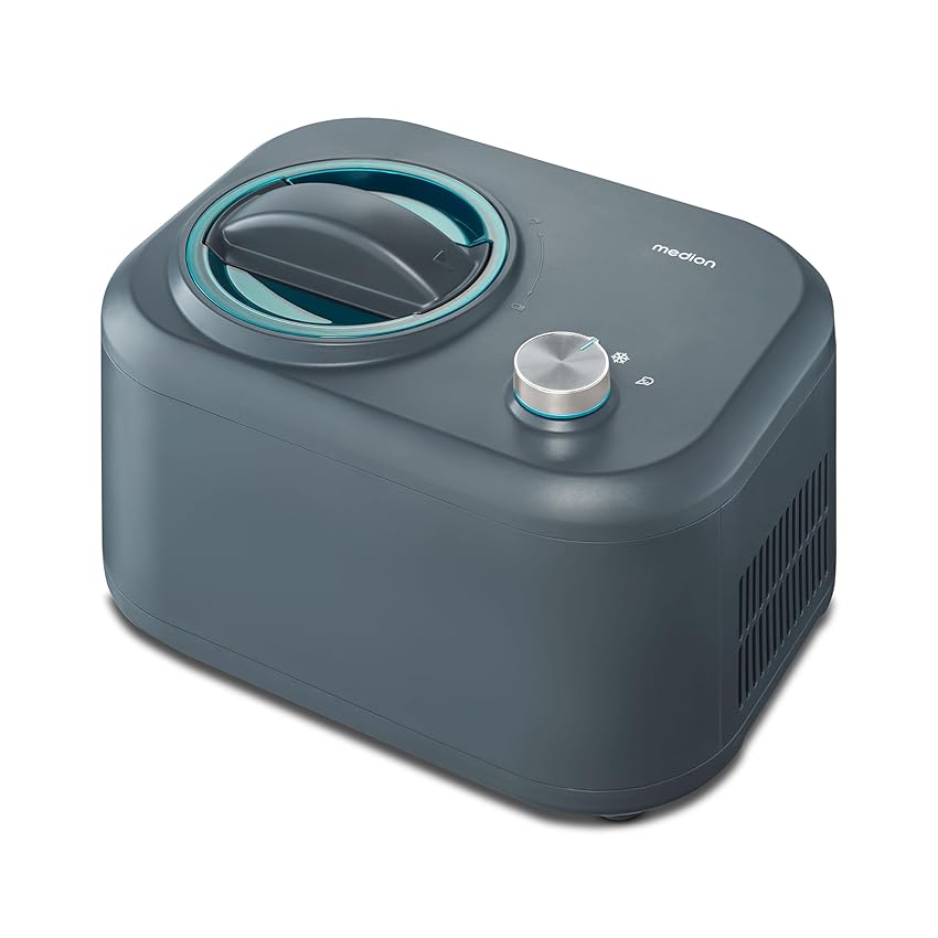 Gelatiera MEDION con compressore (adatta per la preparazione di gelati, frozen yogurt e sorbetti, 1 litro, 100 watt, contenitore per gelati in alluminio, non è necessario il pre-raffreddamento