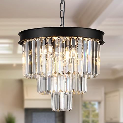 AXILIXI Modern Crystal Chandeliers 16” Black Ceiling Pendant Light Fixture 3 Tiers Dimmable Flush Mount Chandeliers Round Raindrop for Living Room Dining Room Foyer Kitchen Entryway