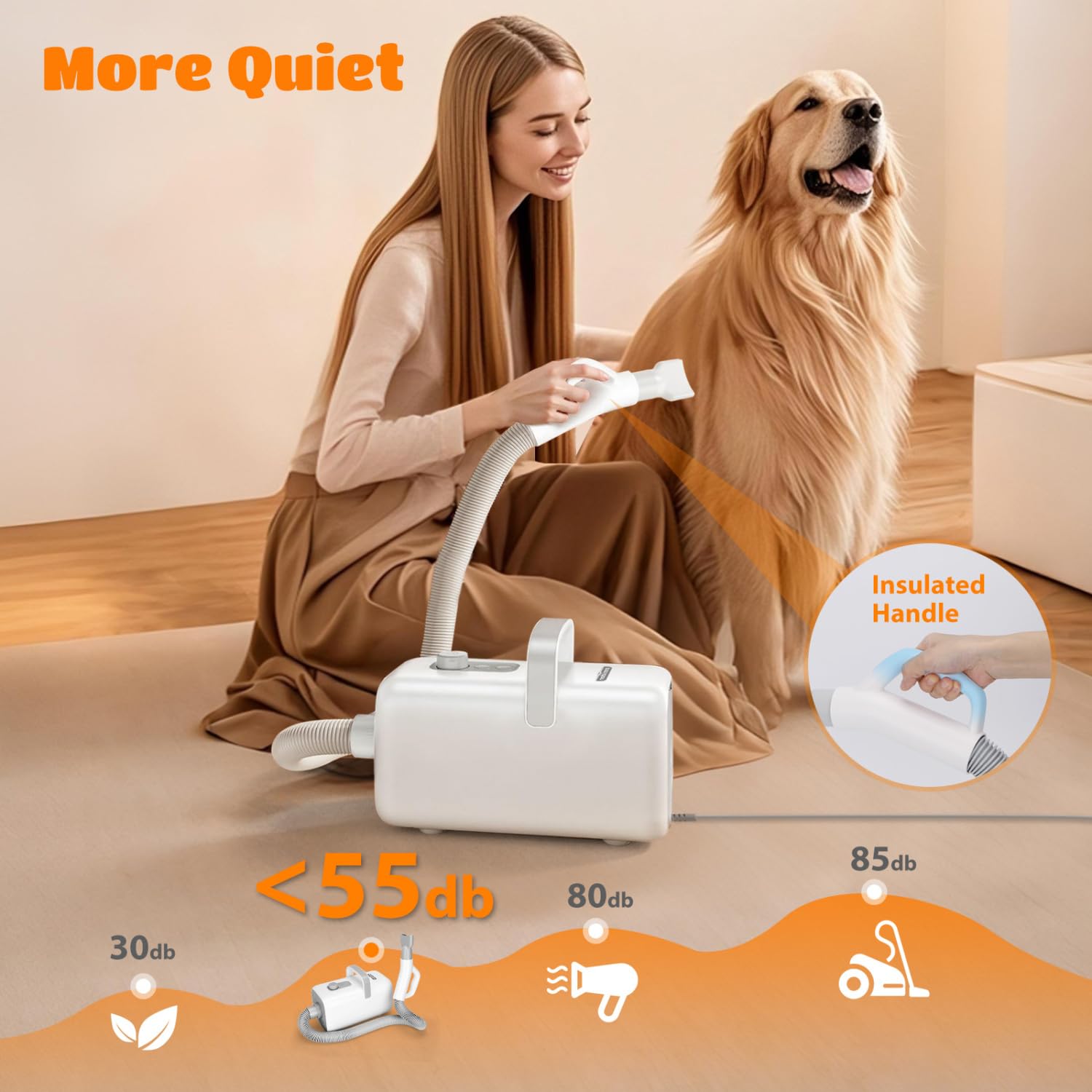 Nobleza Séchoir Professionnel pour Chiens et Animaux de Compagnie avec 4 Embouts, Vitesse/Température Réglables, Tuyau et Brosse Inclus, Faible Bruit