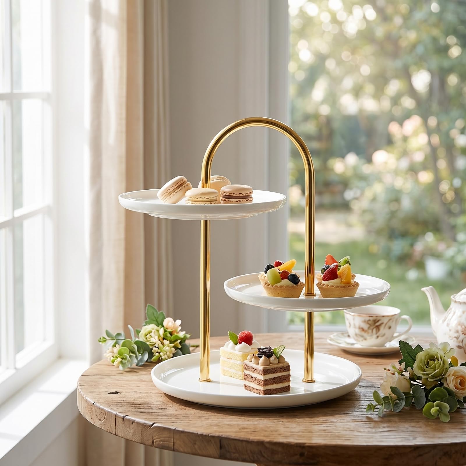 Etagere Dessertständer Kuchenständer, Reinweiß, Dreistöckig, Silberner Ständer