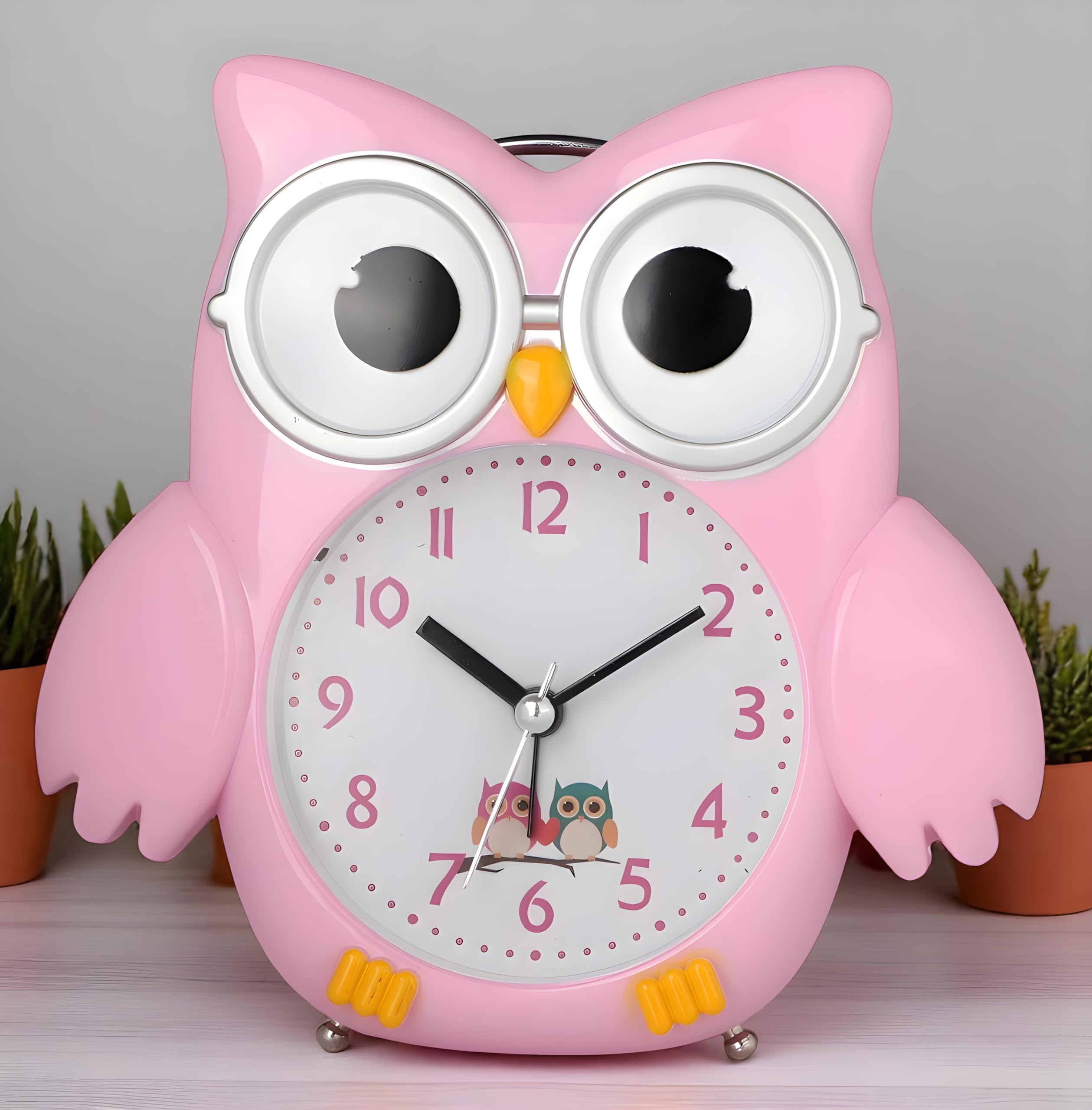 De'rons Twin Bell Analog Table Alarm Clock with Backlight for Heavy Sleepers Loud Alarm Clock for Students Funny Cute Owl Cartoon Shape Alarm Clock for Kids Girls Boys Bedroom 14.5 x 15 cm (Pink)