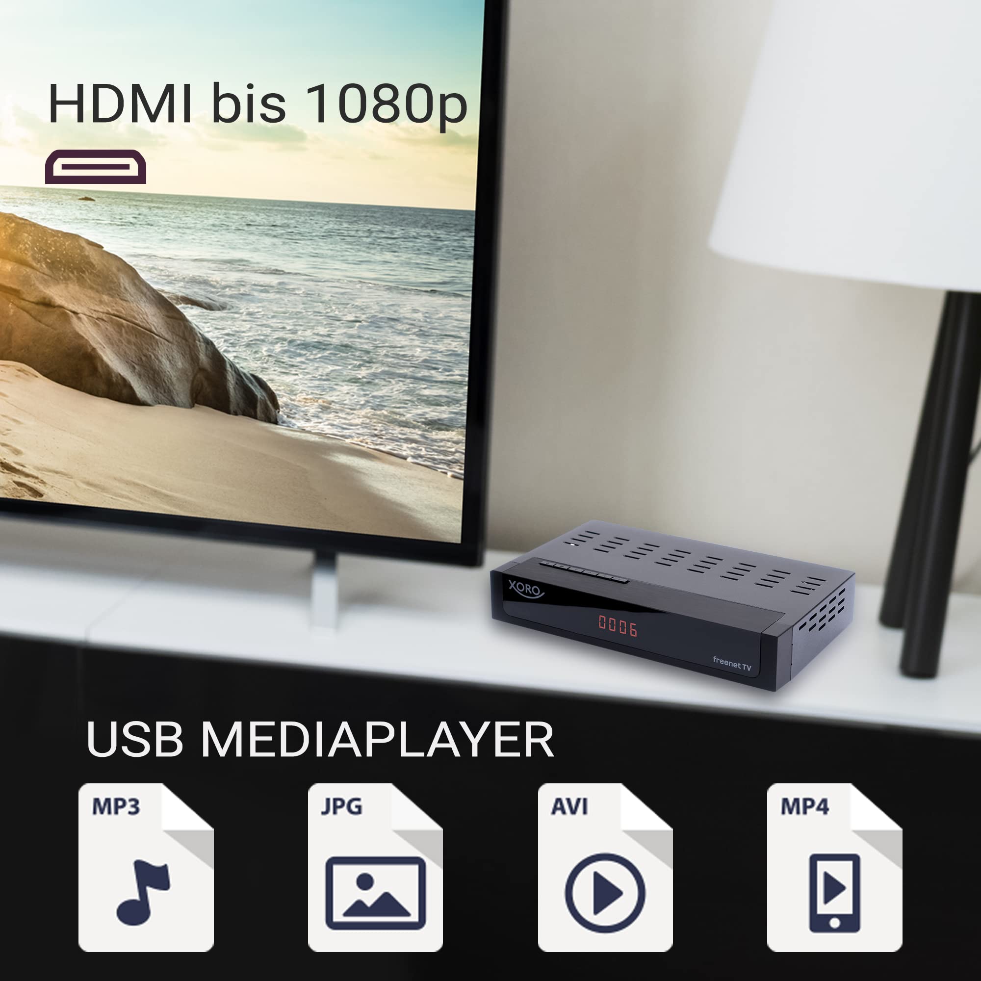 XORO HRT 8770 Twin - DVB-C/DVB-T2 FullHD Combo, zintegrowany system odszyfrowywania telewizji Freenet, podwójny tuner (dwa elementy odbiorcze), gotowość PVR, przesunięcie czasu