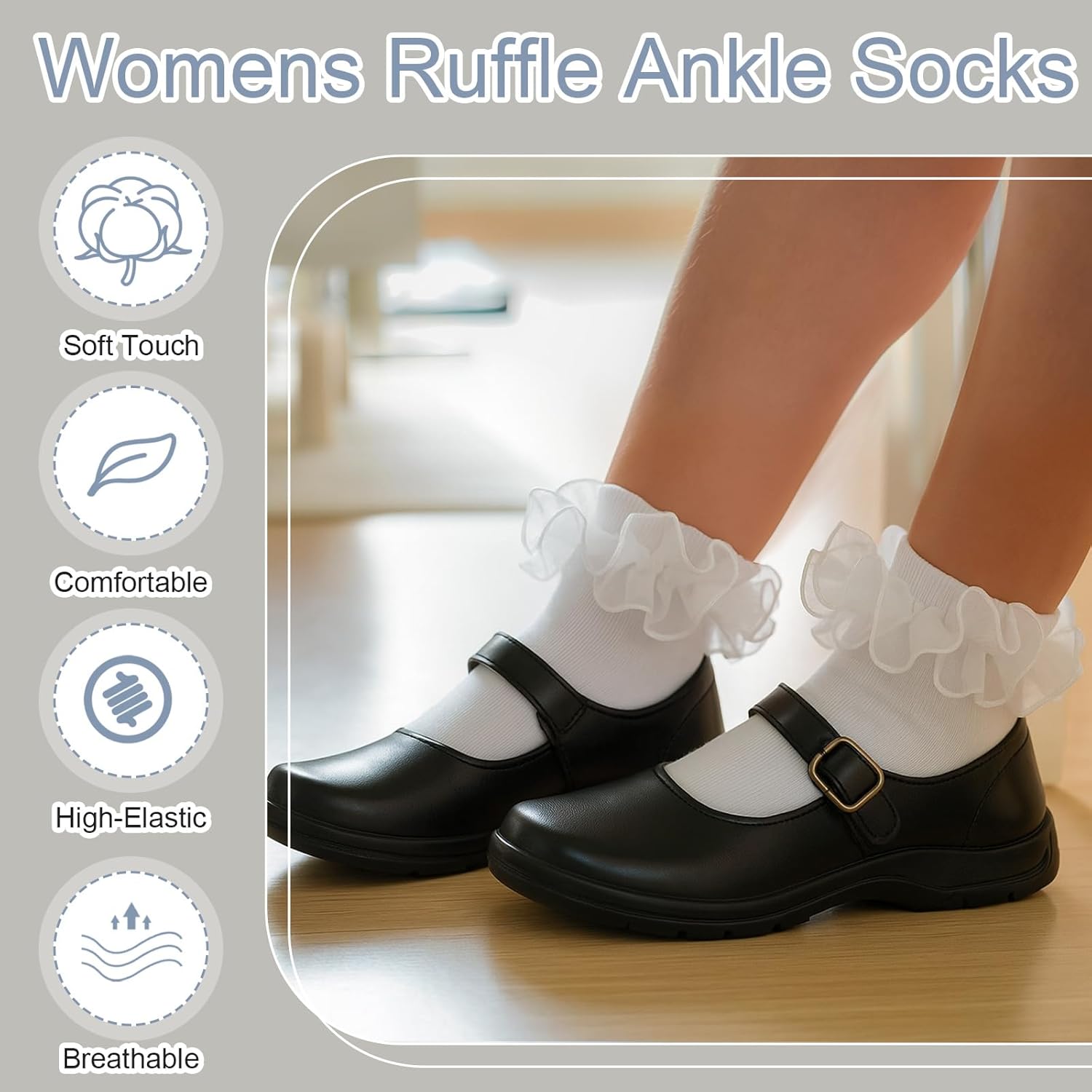 8 Pairs Women's Ruffle Ankle Socks, White Lace Cotton Frilly Socks Cute Breathable Cool Thin Sock for Women - Image 6