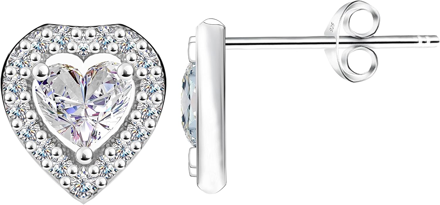 Genuine 925 Sterling Silver Dainty Halo Stud Earrings for Women Pave CZ Cubic Zirconia Simulated Diamond Heart Shape 9x8.5 mm