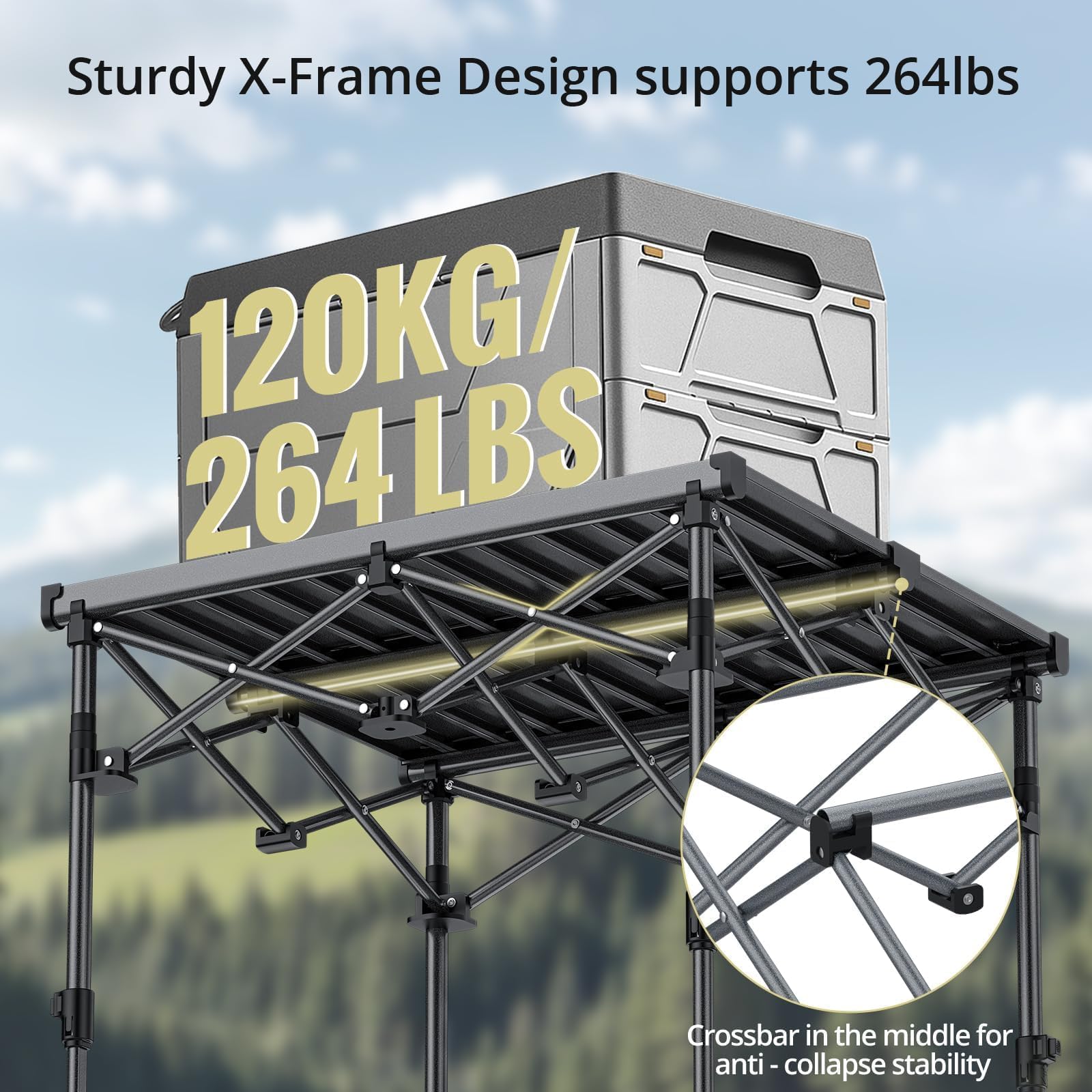 Anbte Campingtisch Klapptisch 67x58cm(LxB) Aluminium Aufrollbare Tischplatte mit 2 Höhen 44/70cm X-Frame Design bis 150KG Belastbar mit Aufbewahrungstasche für Picknick Garten Balkon