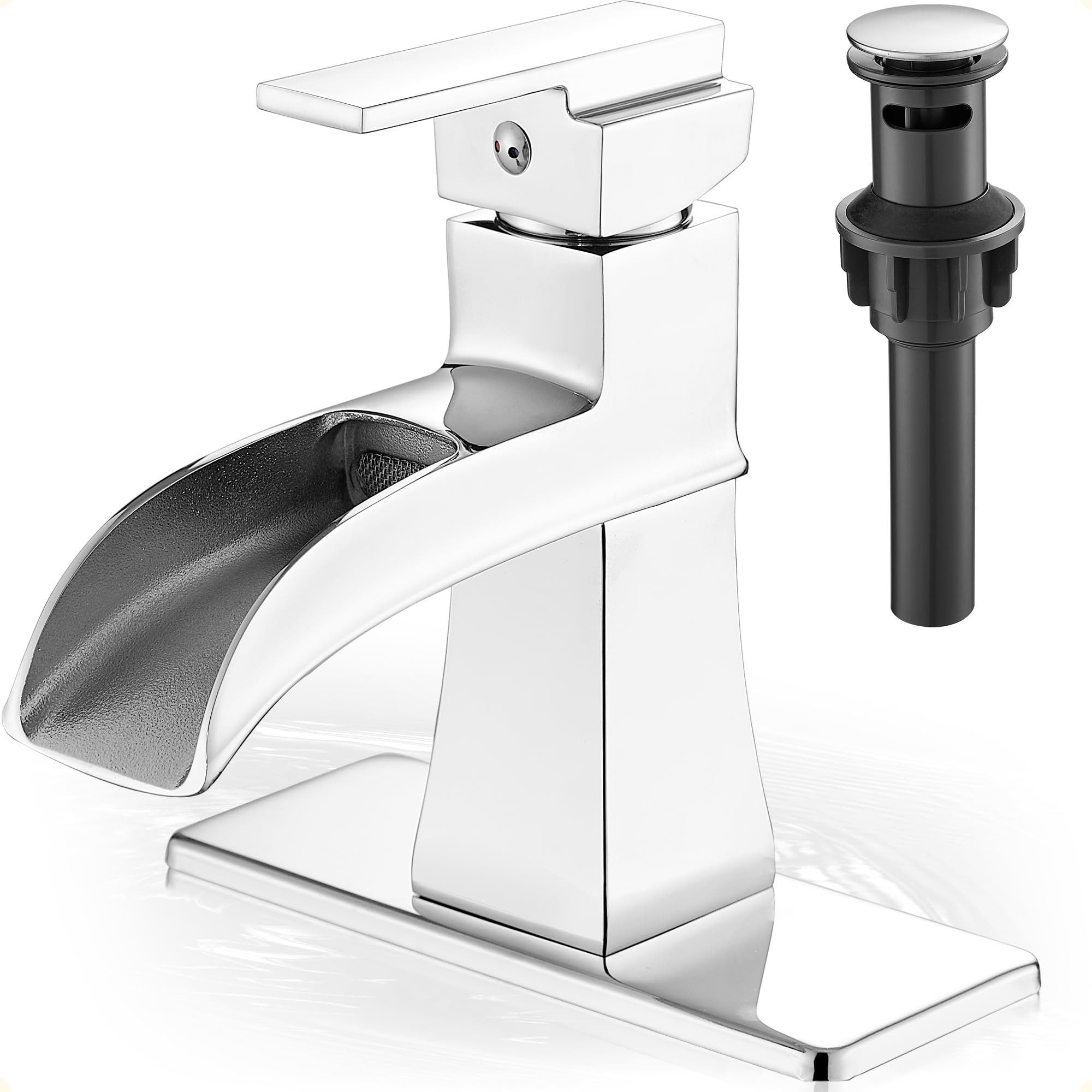 Hcfyauis Chrome Waterfall Bathroom Faucet, Brass 4 Inch Bathroom Faucets One Hole Or 3 Hole, Single Handle With Pp Drain, Deck Plate, Hot And Cold Supply Hoses For Rv Lavatory Restroom, 5 Mins Install