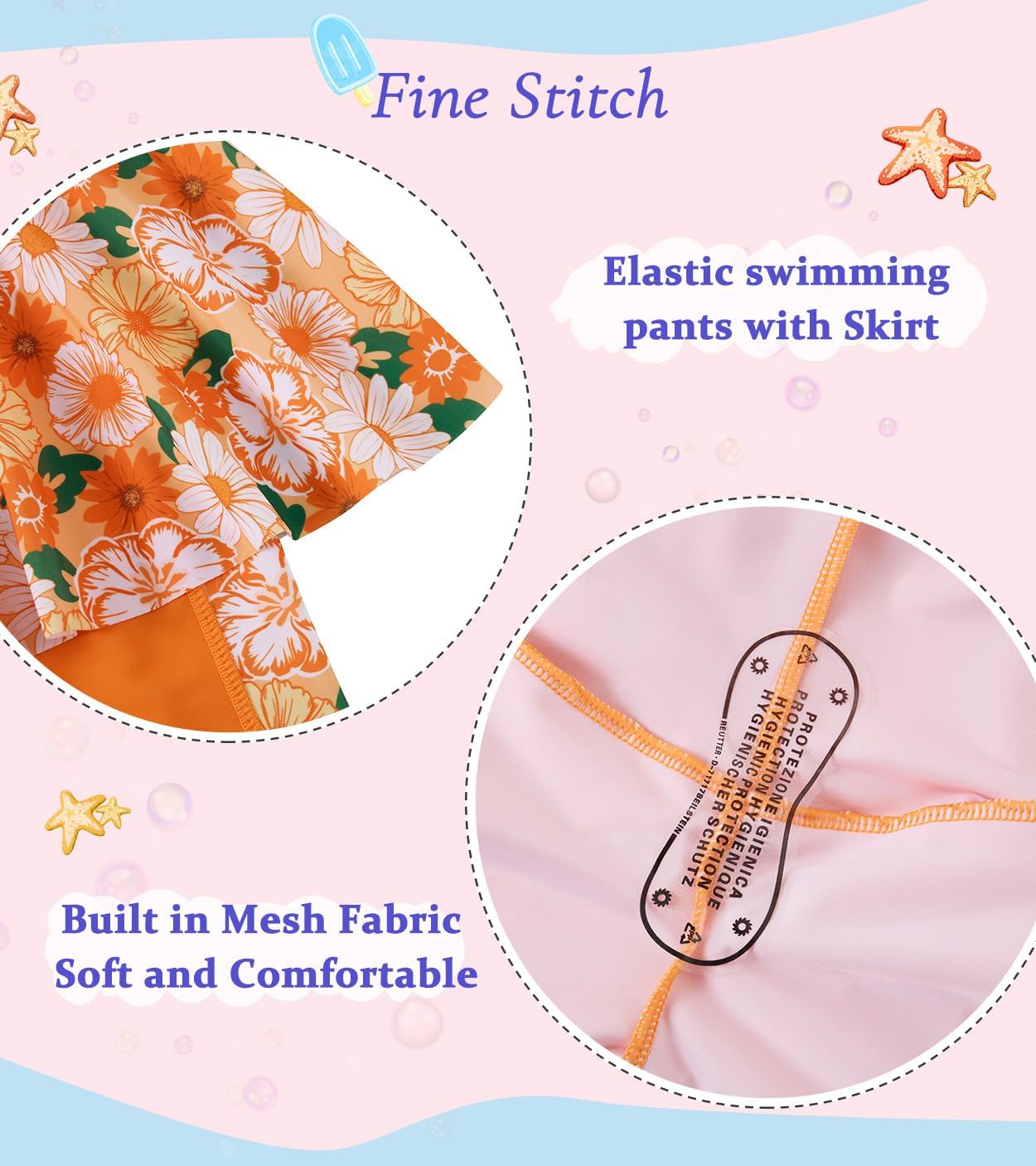 Girls Long Sleeve Rashguard Half Zip Swimsuits UPF 50+ Two Piece Swim Sets with Hairband 5-12Y