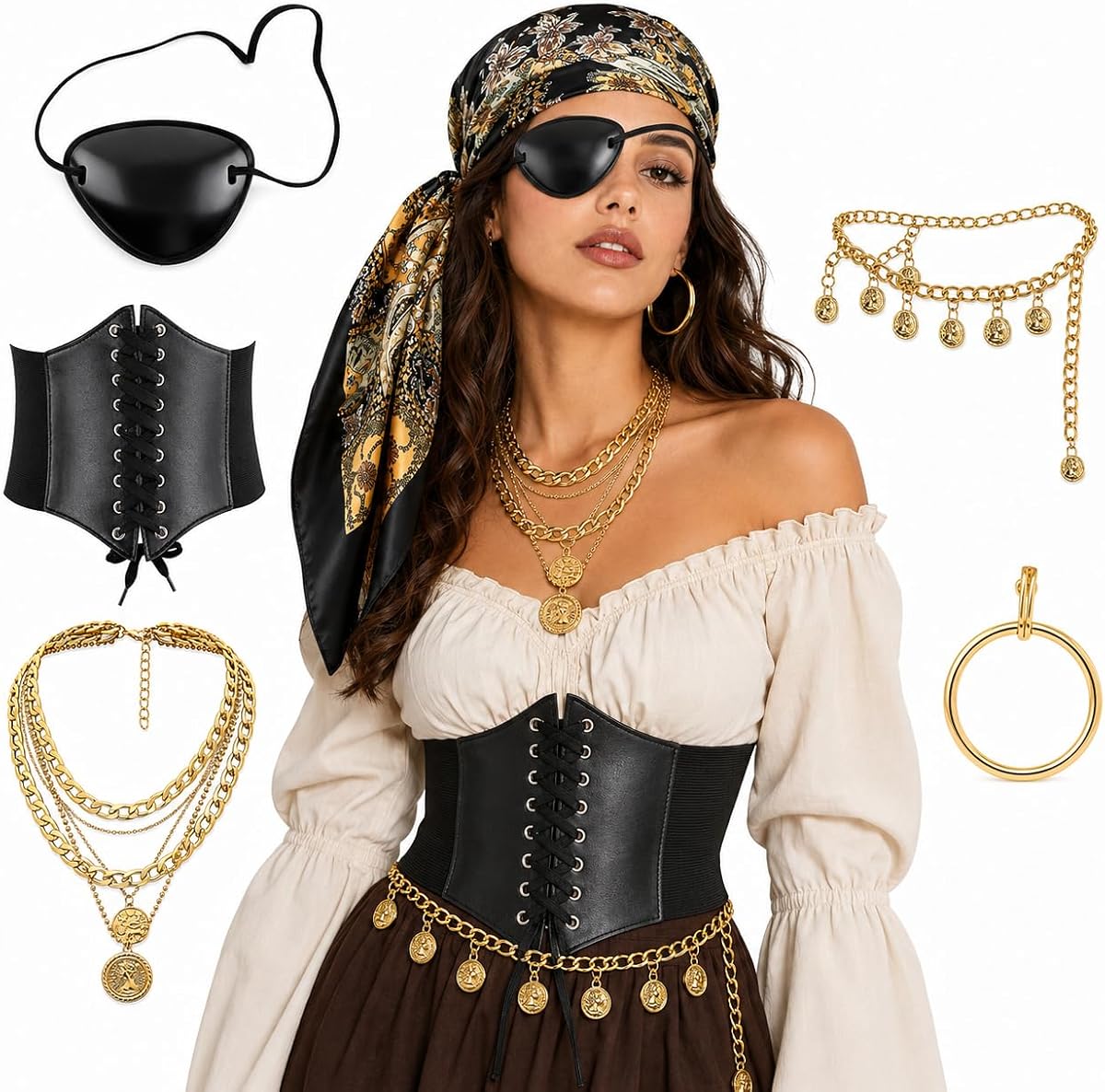 6PCS Pirate Costume Accessories for Women with Head Scarf Bandanas,Eye Patch,Corset,Necklace,Waist Chains,Earring