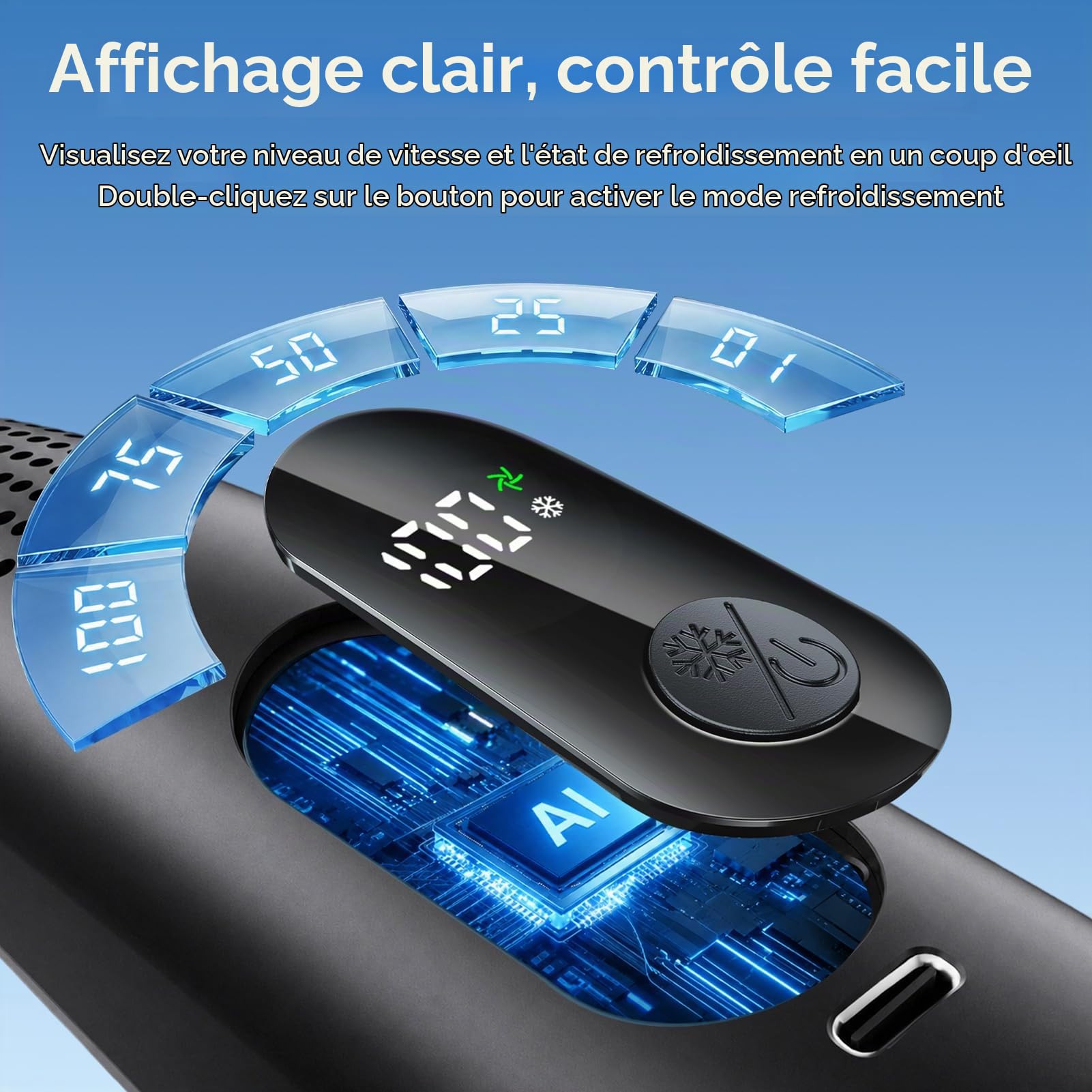 Ventilateur de Cou Climatiseur Mobile avec Plaques Rafraîchissantes, Affichage LED, Réglage de la Vitesse de 1 à 100, Sorties d'air Réglables, Batterie 6000mAh, pour Enfant & Adulte Bureau Voyage