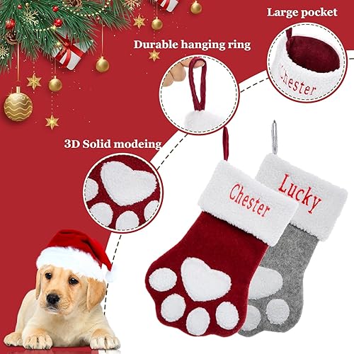 Miniatura 3 de Calcetines de Navidad personalizados para perros y gatos, calcetines de Navidad con nombre bordado personalizado con forma de pata de mascota o