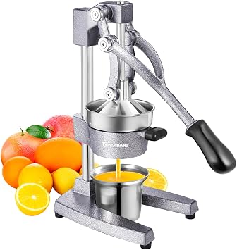 TONGCHANT Cast Iron Juicer, Heavy Duty Manual Citrus Press | Hand Press Juicer for Orange Lemon Pomegranate, High Leverage for Easy Juicing, Stainless Steel Cup, Silver