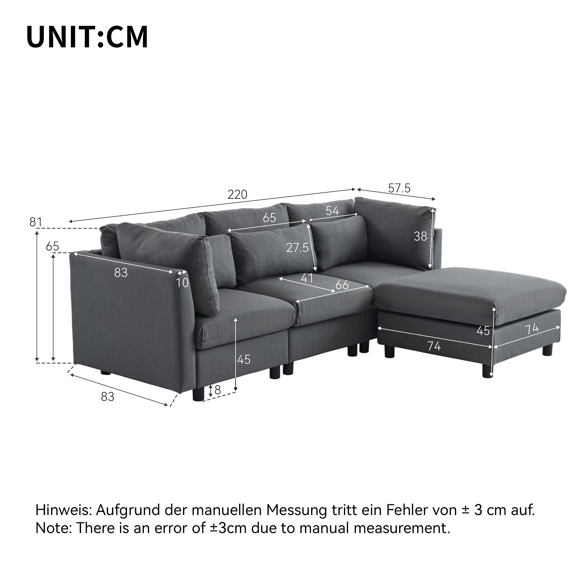 Soweiz Design moderno, divano a tre posti con poggiapiedi, divano ad angolo a forma di L, 220 x 83 x 81 cm (grigio)