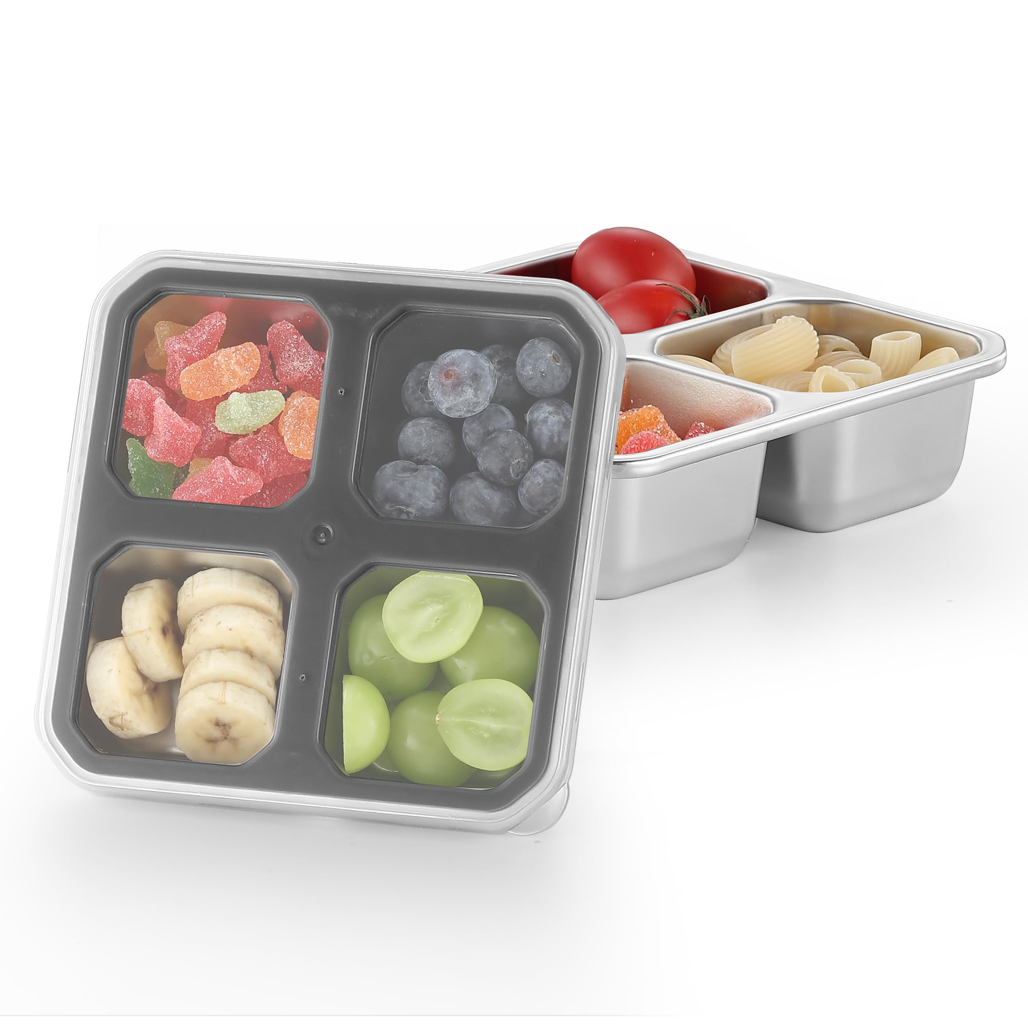 Misichao Stainless Steel Snack Box with 4 Compartments Bento Lunch Snack Containers for Kids Adults Reusable Meal Prep Containers Food Storage Containers with Transparent Lids Grey 2 Pack