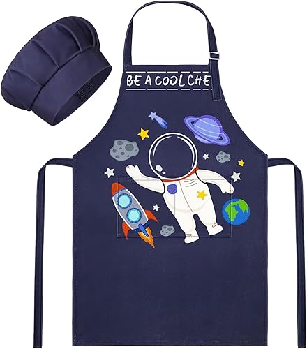 Miniatura 7 de MHJY Delantal y sombrero de chef para niños con bolsillos, delantal ajustable para cocinar, hornear, pintar de 3 a 12 años