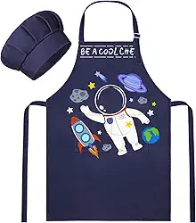 MHJY Avental infantil e chapéu de chef para meninos aventais infantis com bolsos, avental ajustável para cozinhar pintura de cozimento 3-12 anos
