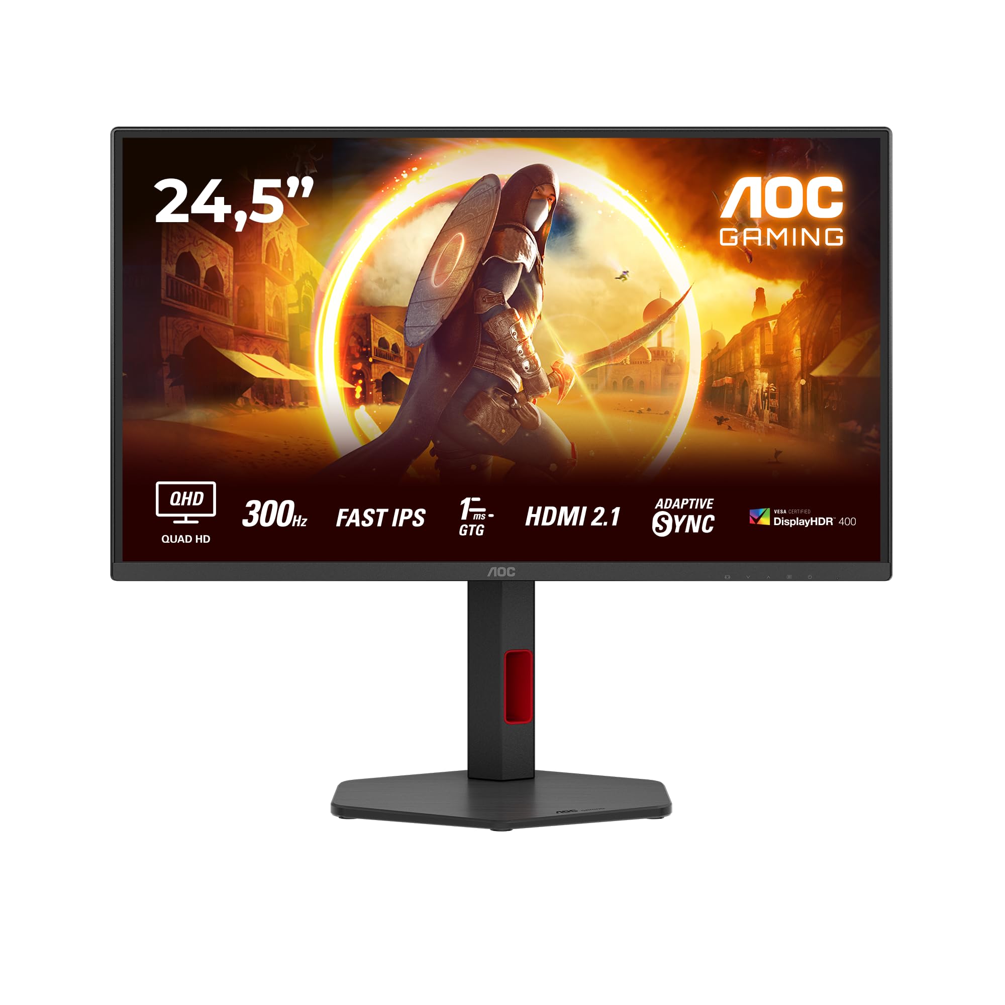 AOC Gaming Q25G4SR - Monitor Quad HD da 25 pollici, 300 Hz, 1 ms, FreeSync. Prem., G-Sync comp., HDR400 2560x1440, 2x HDMI 2.1, DisplayPort 1.4 nero-rosso, 25 Inch QHD IPS