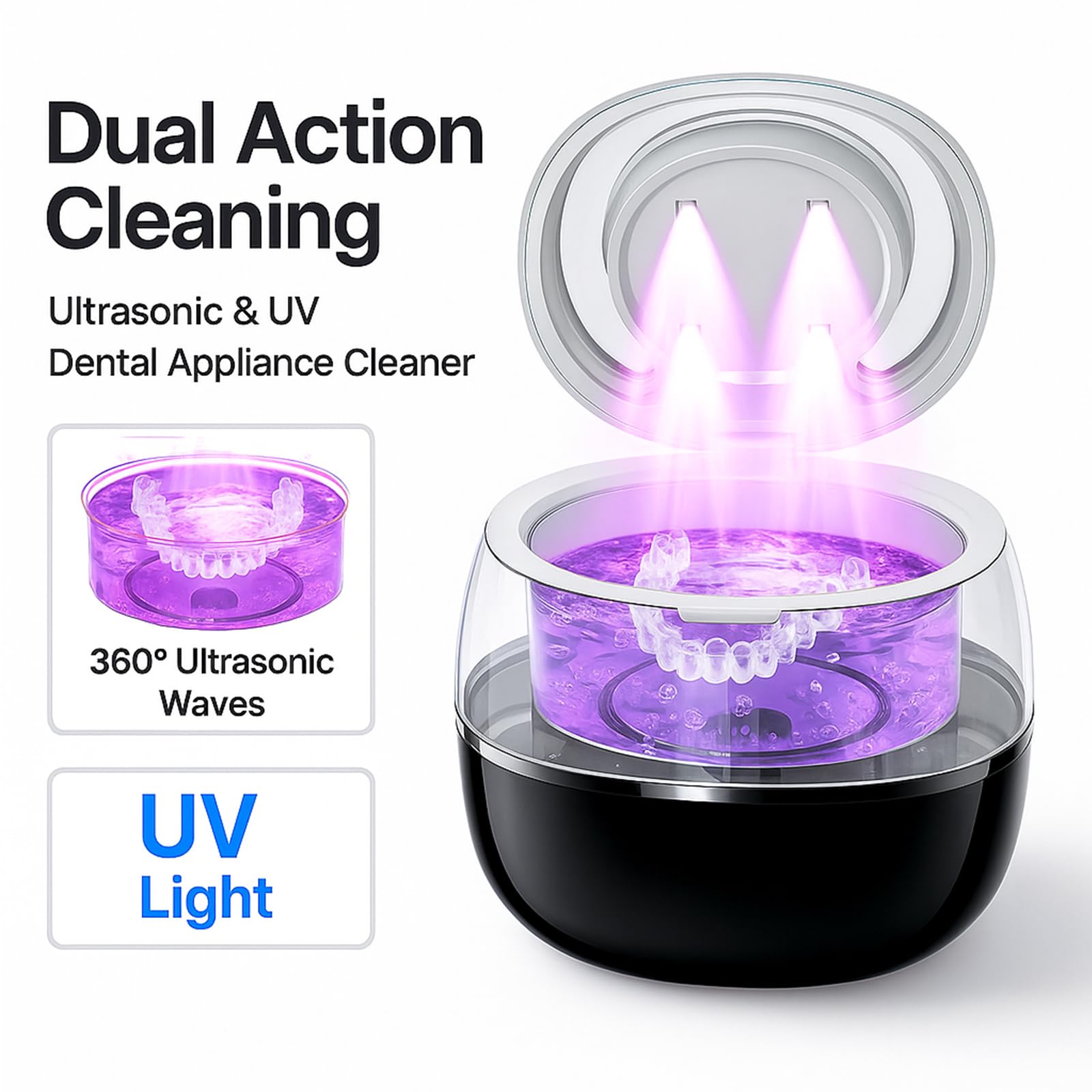 Ultrasonic Retainer Cleaner，For Dentures, Retainers, Aligners, Mouthguards & Jewelry – 360° Deep Cleaning(White)