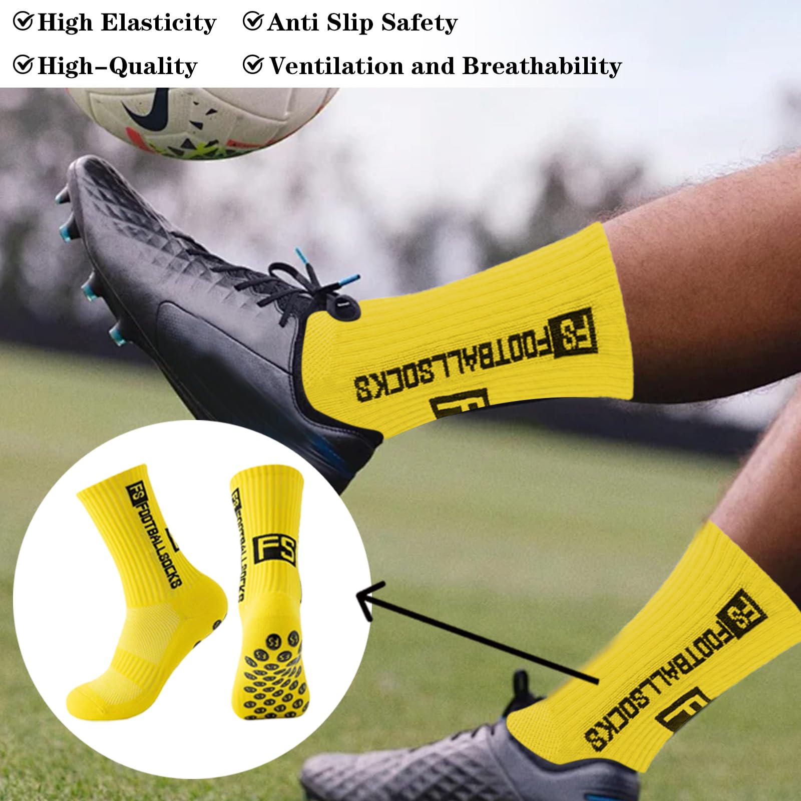 4 Paires de chaussettes de sport de football antidérapantes, Chaussettes de Football Respirant, chaussette foot (Blanc + Bleu + Couleur Fluorescente + Jaune)